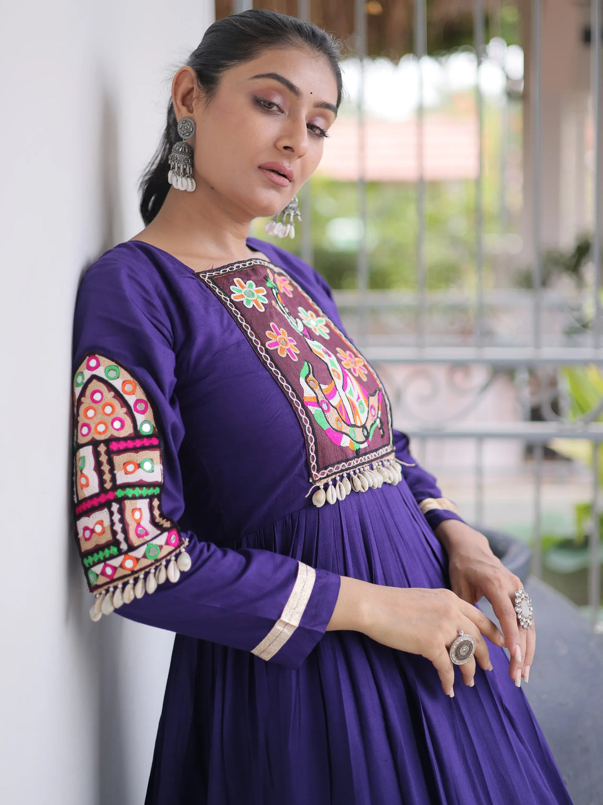 Marvelous Purple Thread Work Rayon Navratri Special Gown