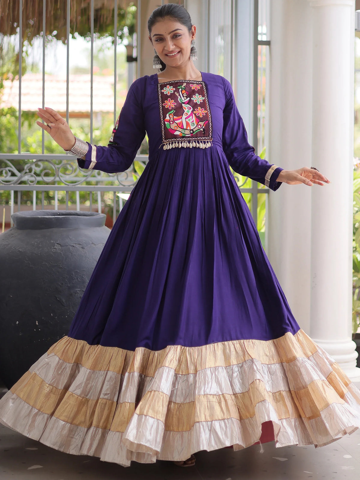Marvelous Purple Thread Work Rayon Navratri Special Gown
