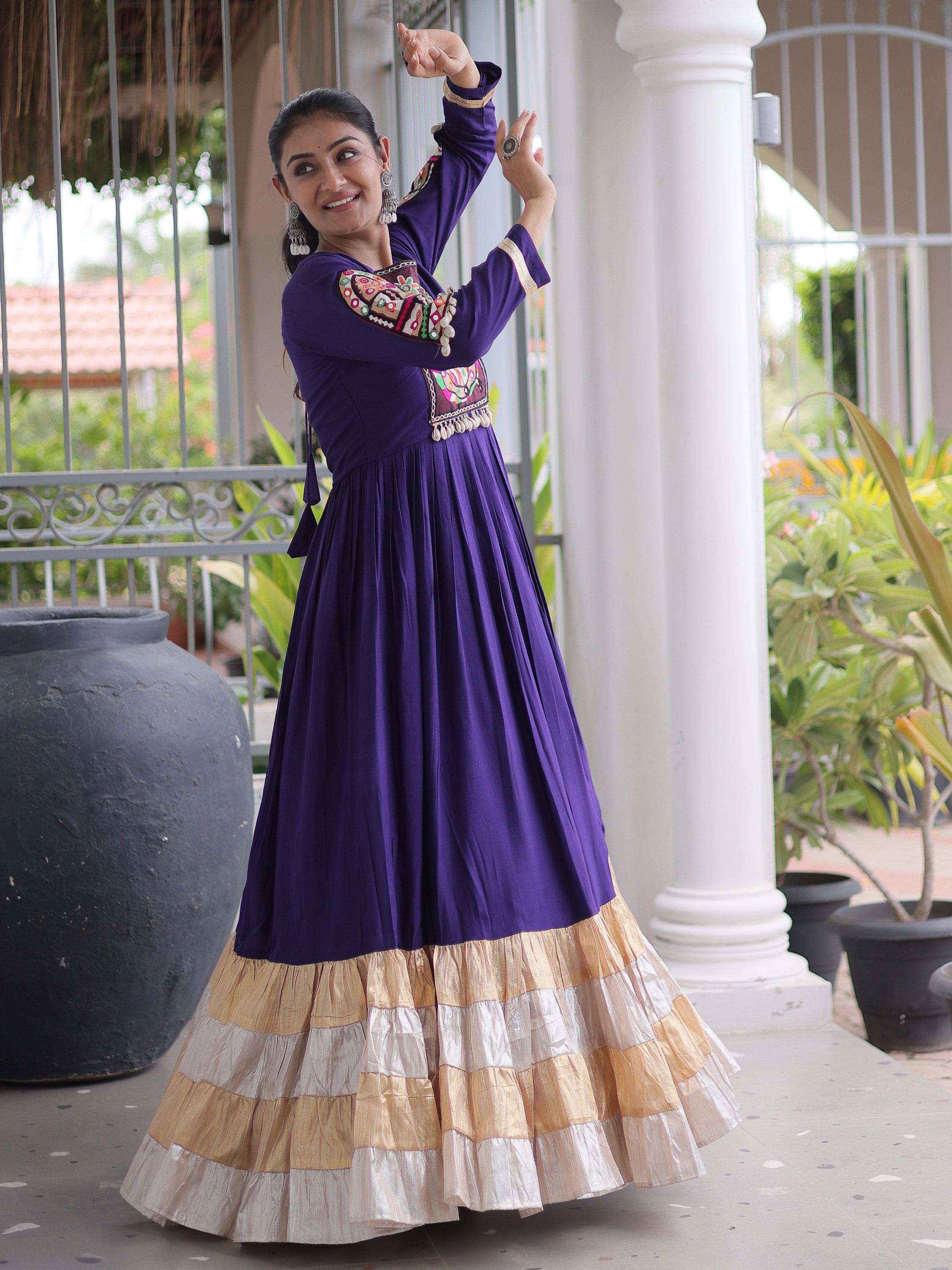 Marvelous Purple Thread Work Rayon Navratri Special Gown
