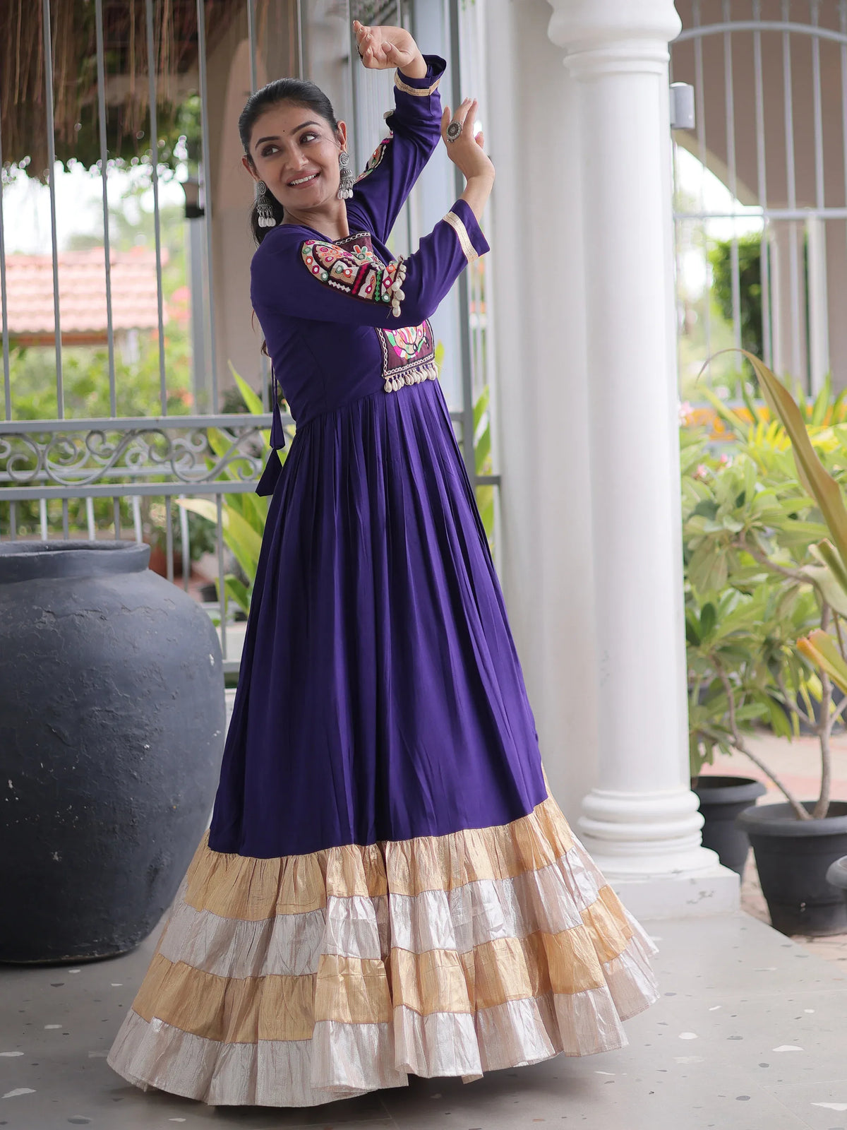 Marvelous Purple Thread Work Rayon Navratri Special Gown