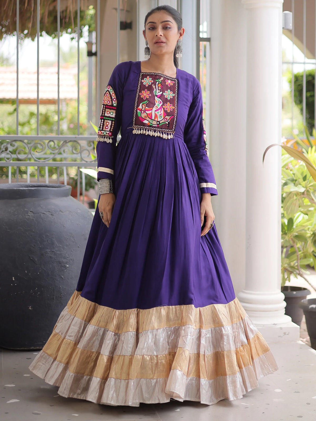 Marvelous Purple Thread Work Rayon Navratri Special Gown