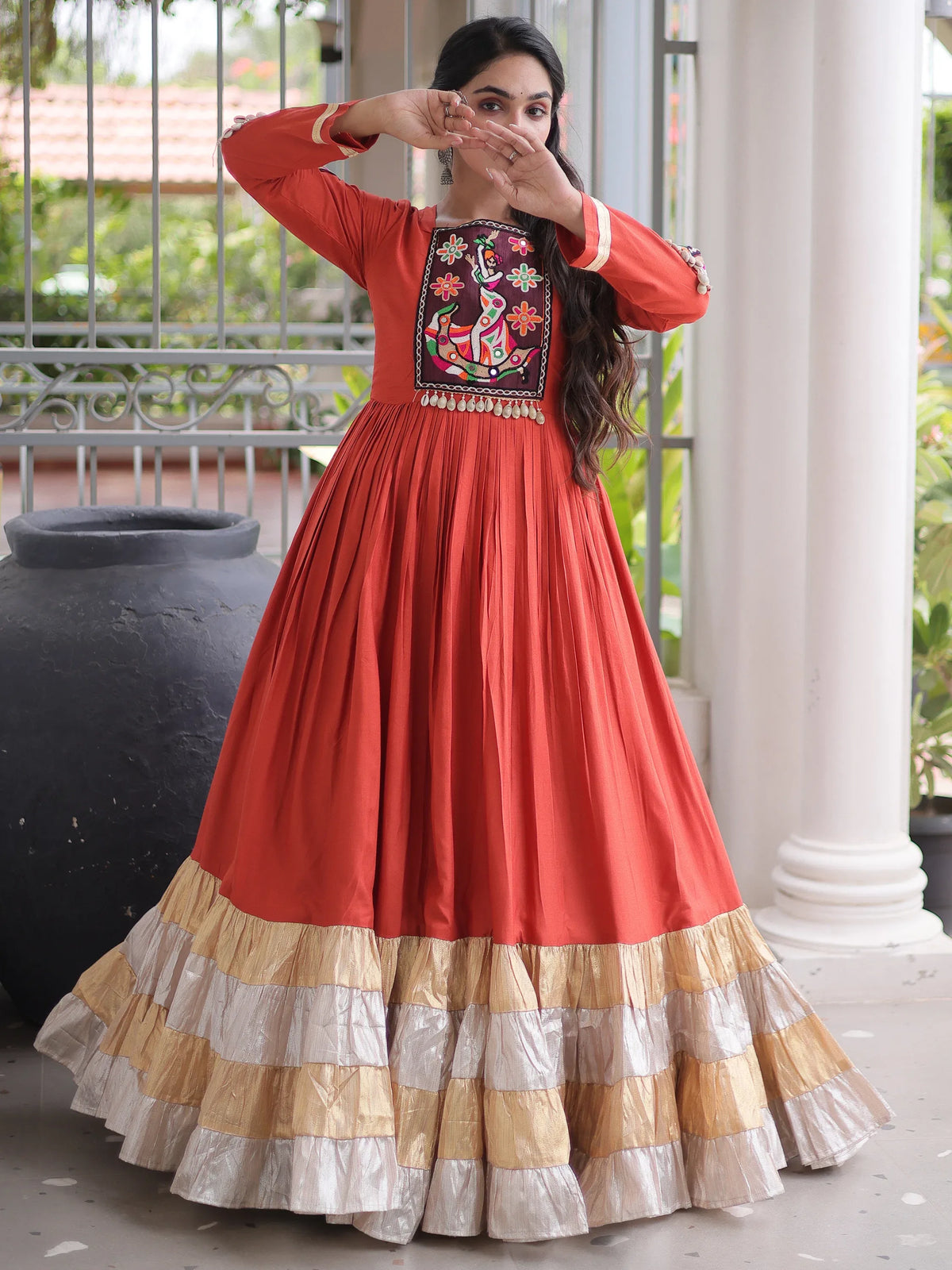 Charming Rust Orange Gamthi Work Rayon Festive Wear Gown
