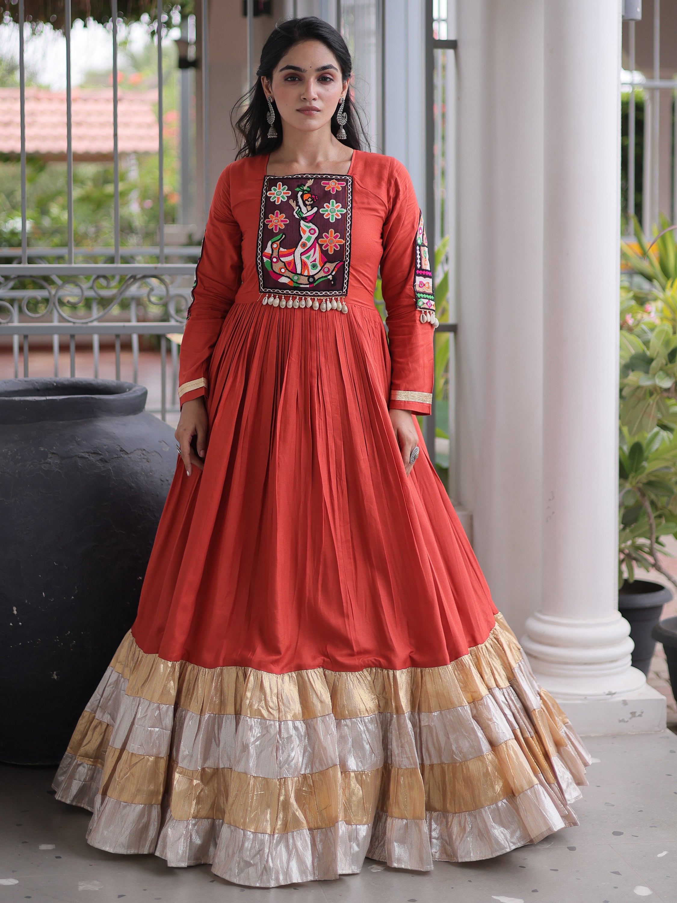 Charming Rust Orange Gamthi Work Rayon Festive Wear Gown