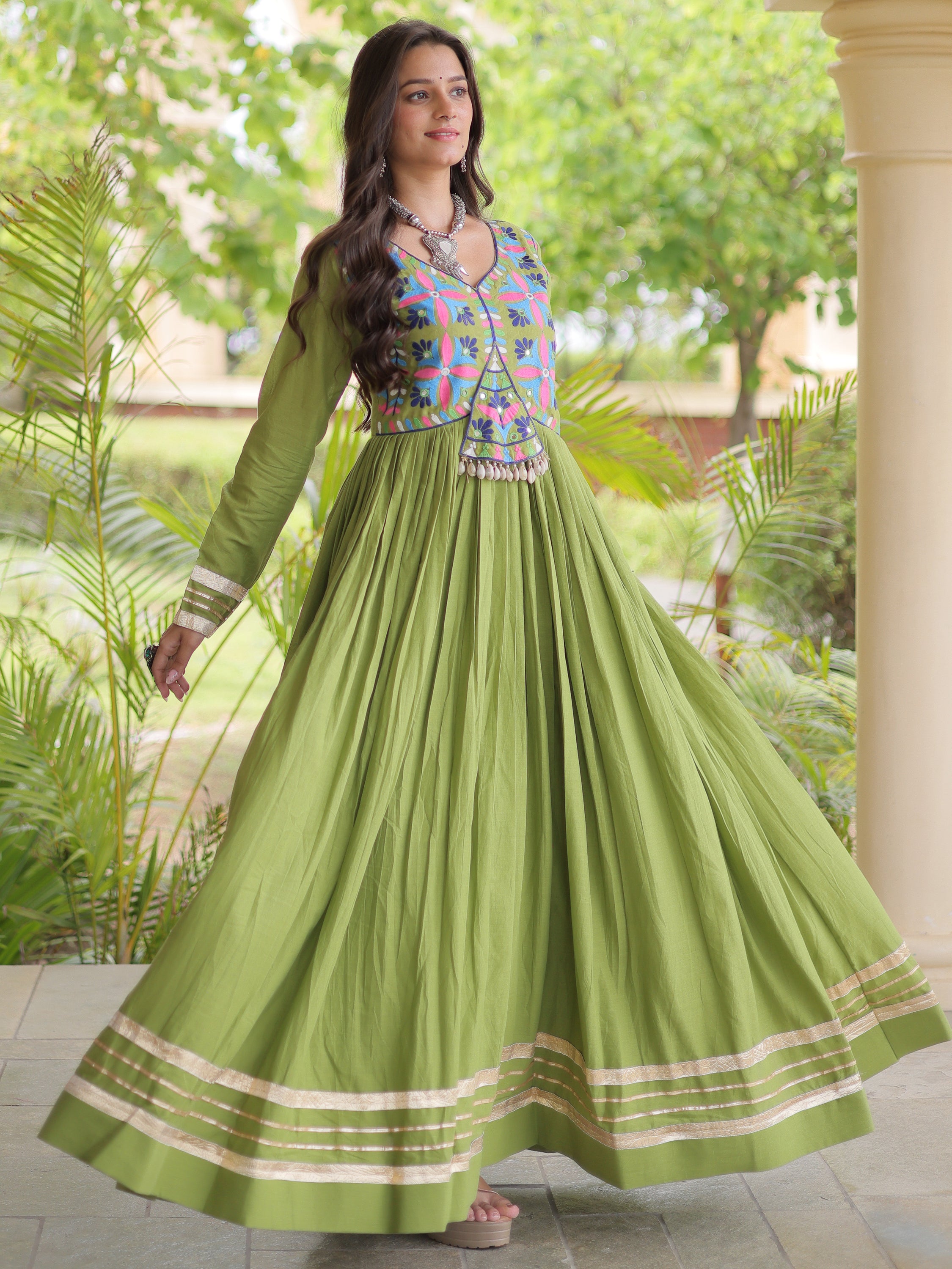 Fabulous Green Thread Work Cotton Navratri Special Gown