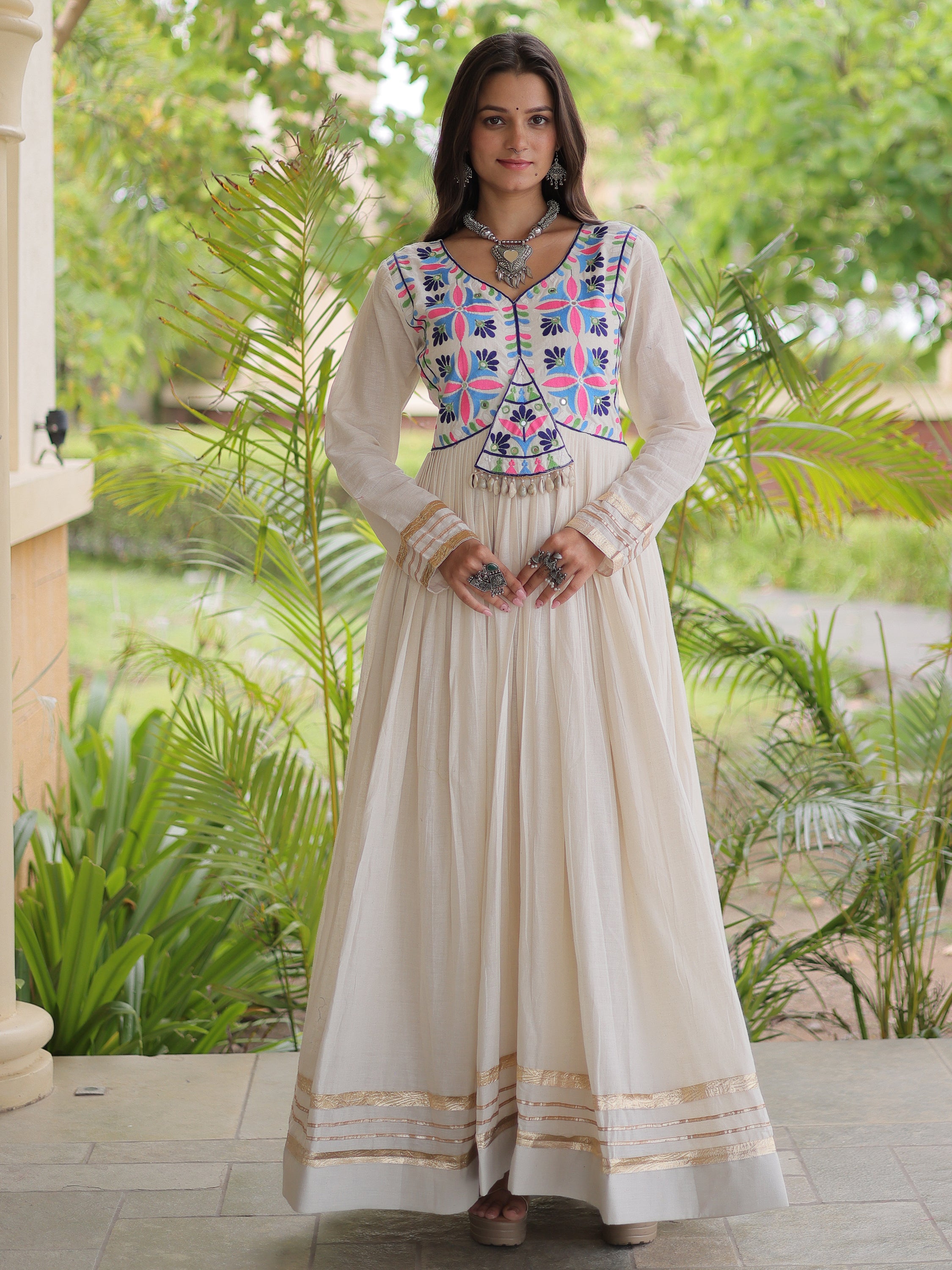 Classic Off-White Gota Laced Cotton Navratri Wear Gown