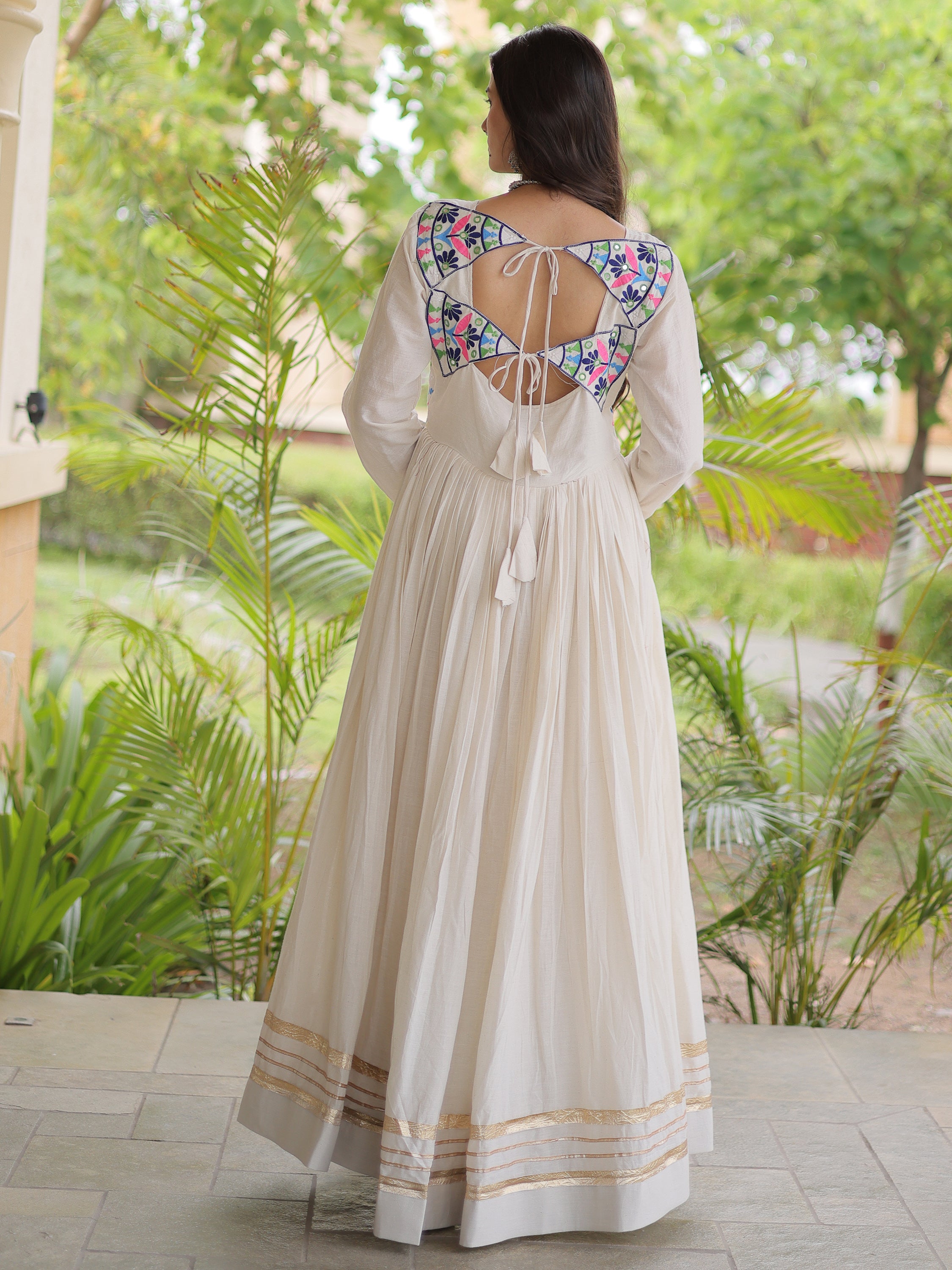 Classic Off-White Gota Laced Cotton Navratri Wear Gown
