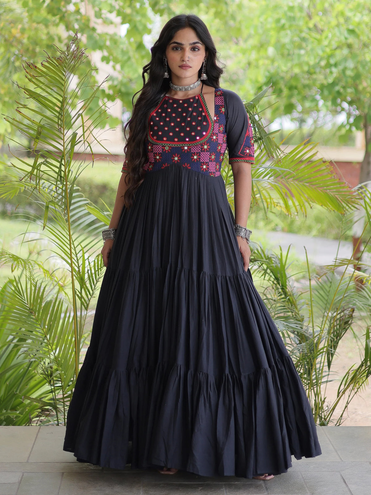 Aesthetic White Multi Thread Work Cotton Navratri Wear Gown