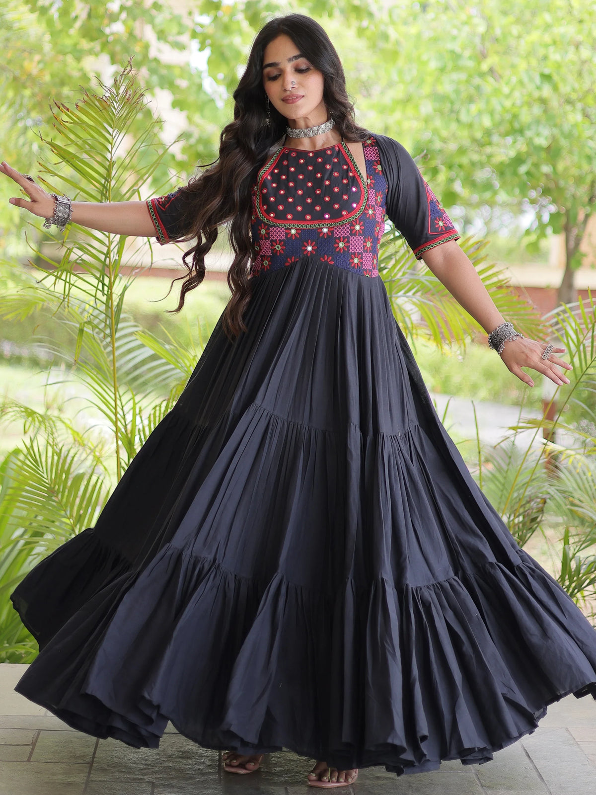 Aesthetic White Multi Thread Work Cotton Navratri Wear Gown