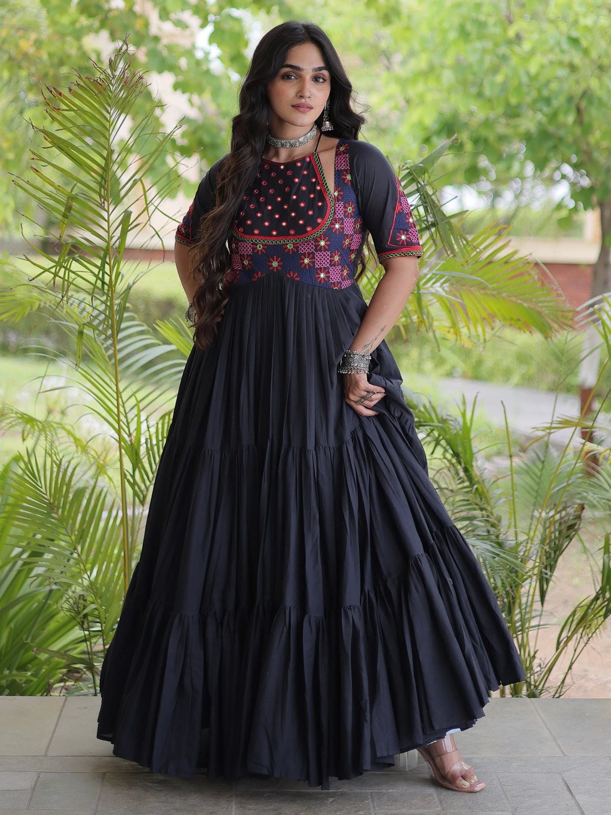 Aesthetic White Multi Thread Work Cotton Navratri Wear Gown