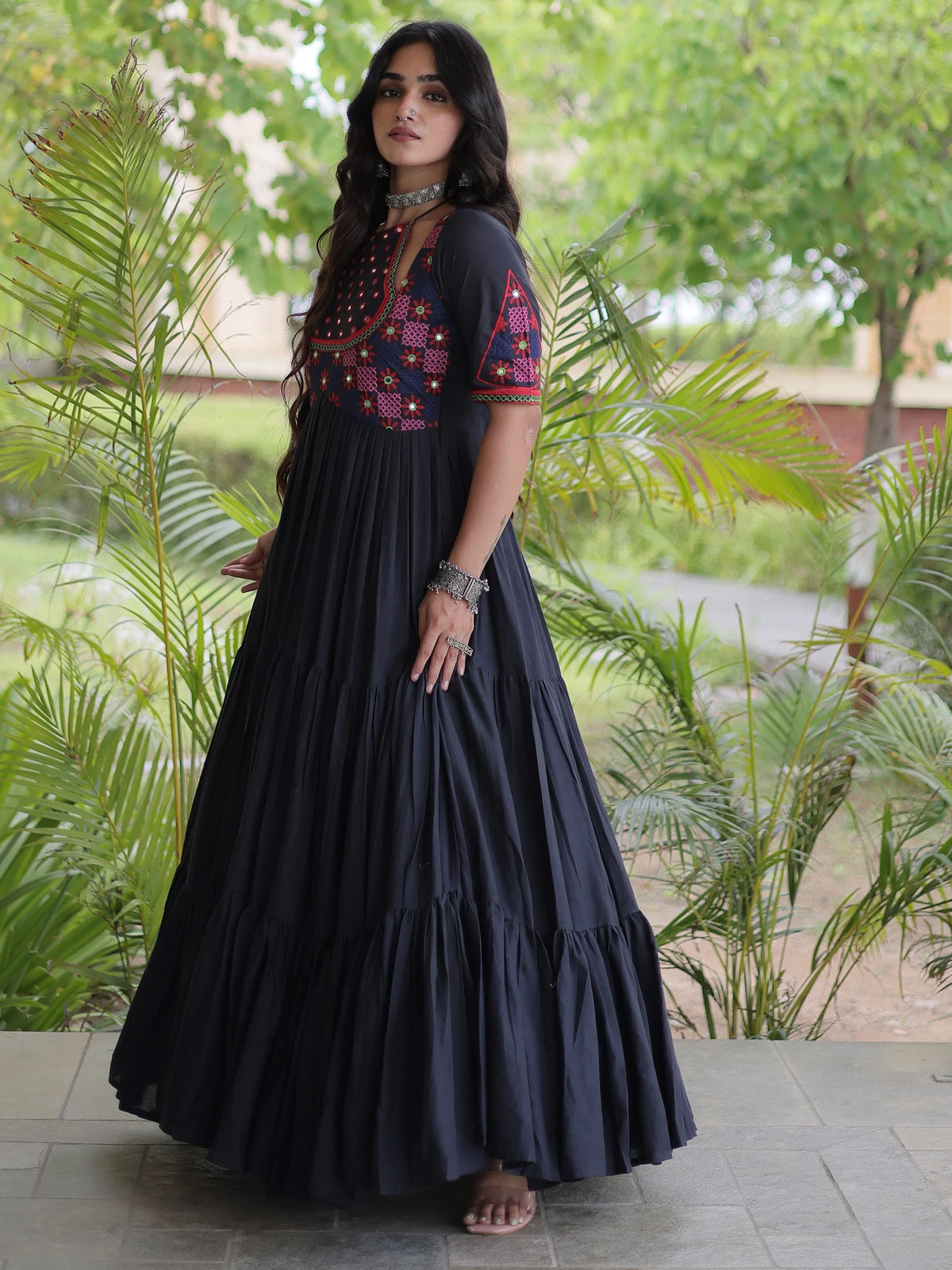 Aesthetic White Multi Thread Work Cotton Navratri Wear Gown