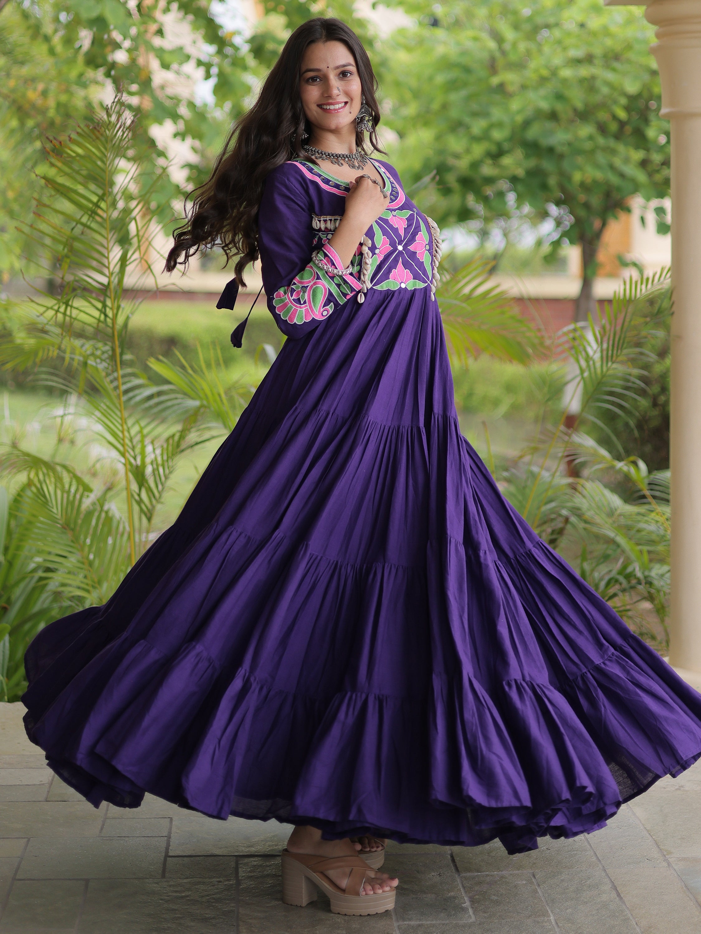 Captivating Purple Multi Thread Work Cotton Navratri Special Gown