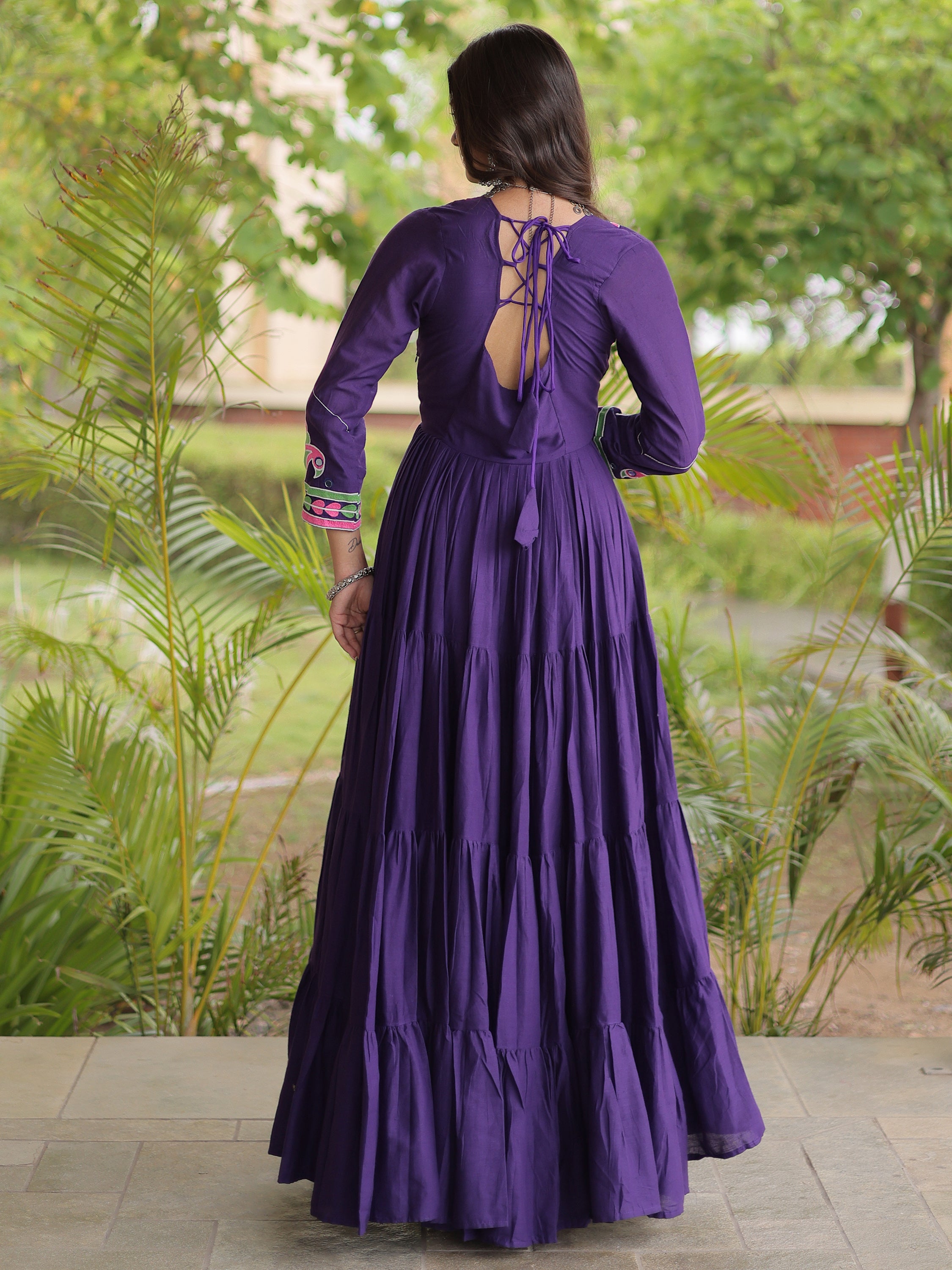 Captivating Purple Multi Thread Work Cotton Navratri Special Gown