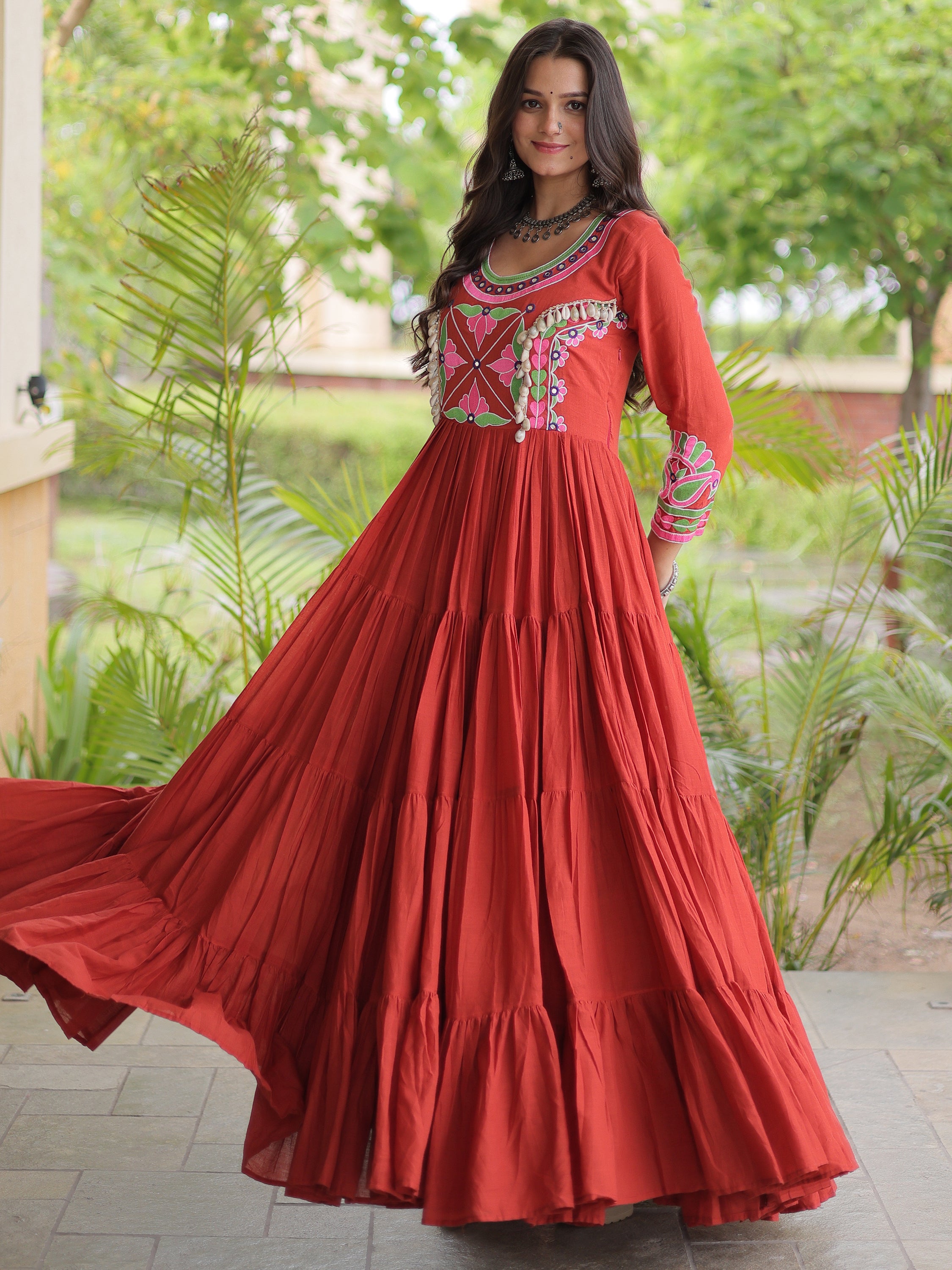 Classic Rust Orange Multi Thread Work Cotton Navratri Wear Gown