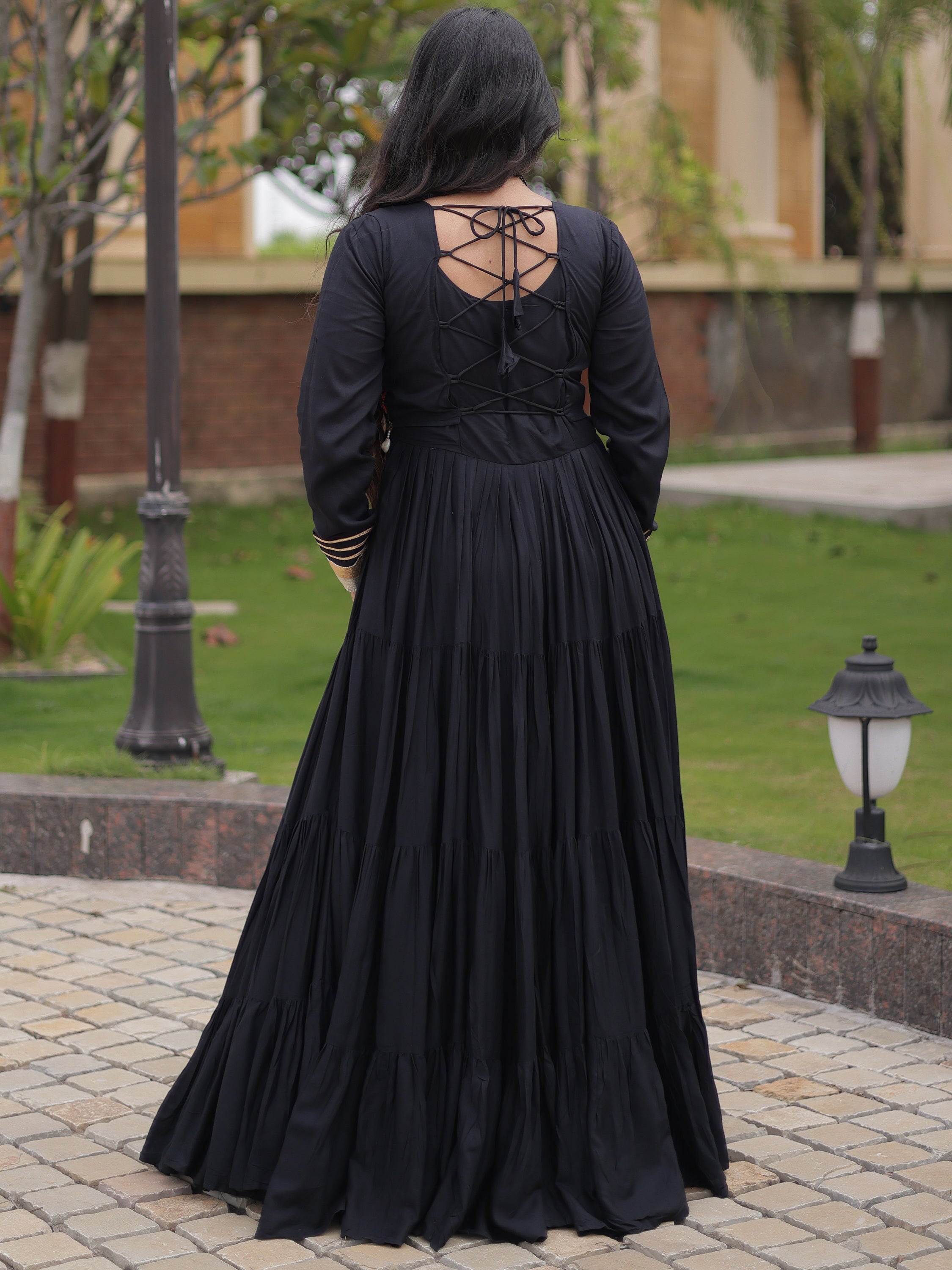 Classy Black Rayon Navratri Wear Gown With Thread Work Blouse