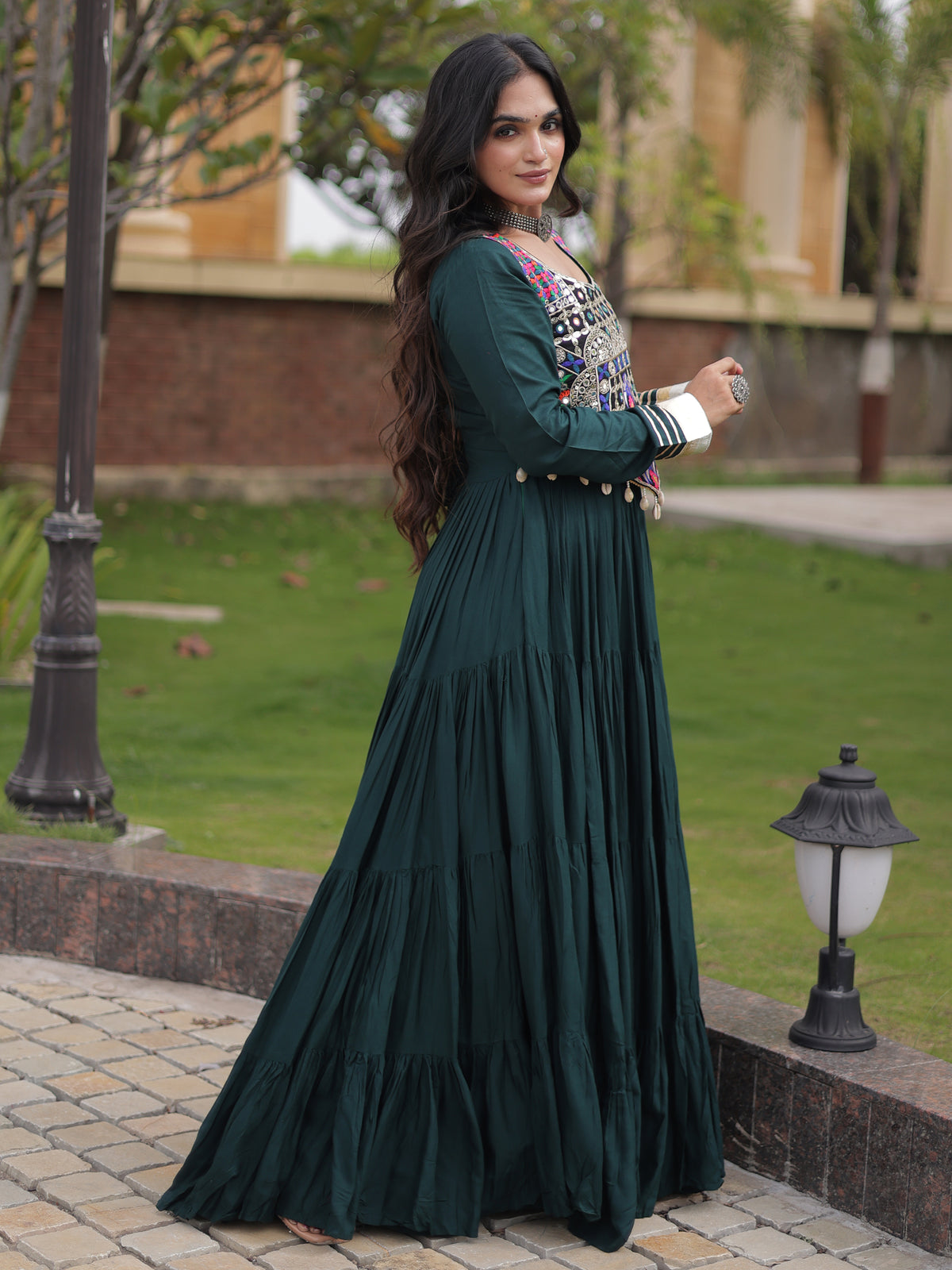Radiant Green Rayon Navratri Wear Gown With Embroidered Blouse