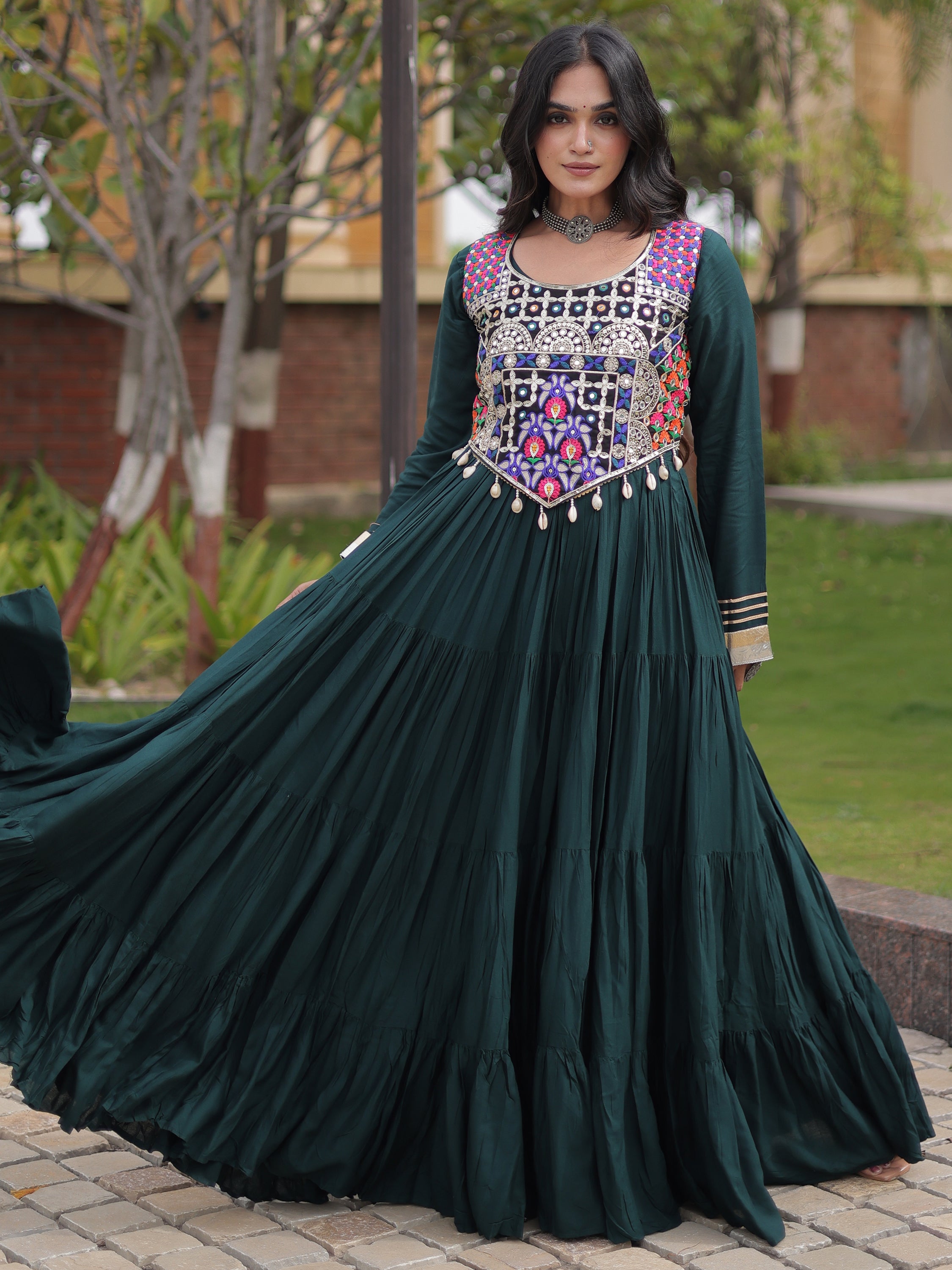 Radiant Green Rayon Navratri Wear Gown With Embroidered Blouse