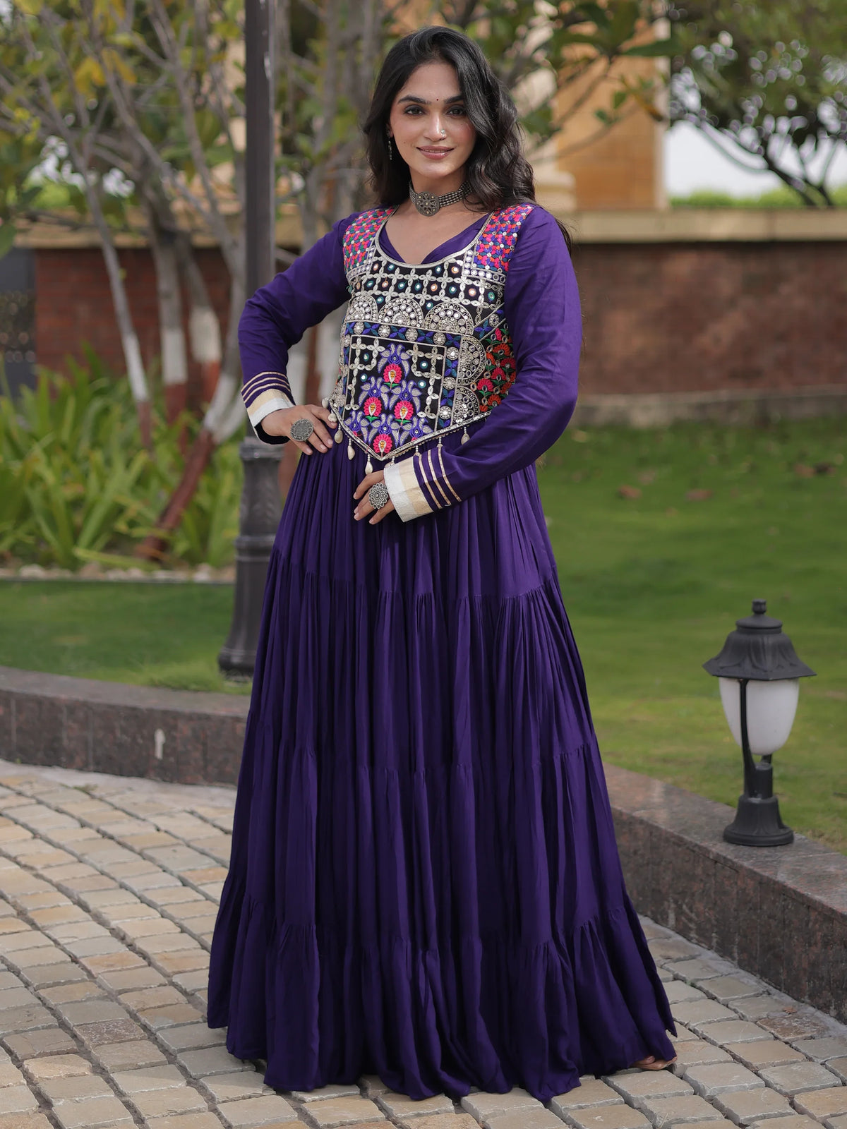 Alluring Purple Gota Laced Rayon Navratri Special Gown With Blouse