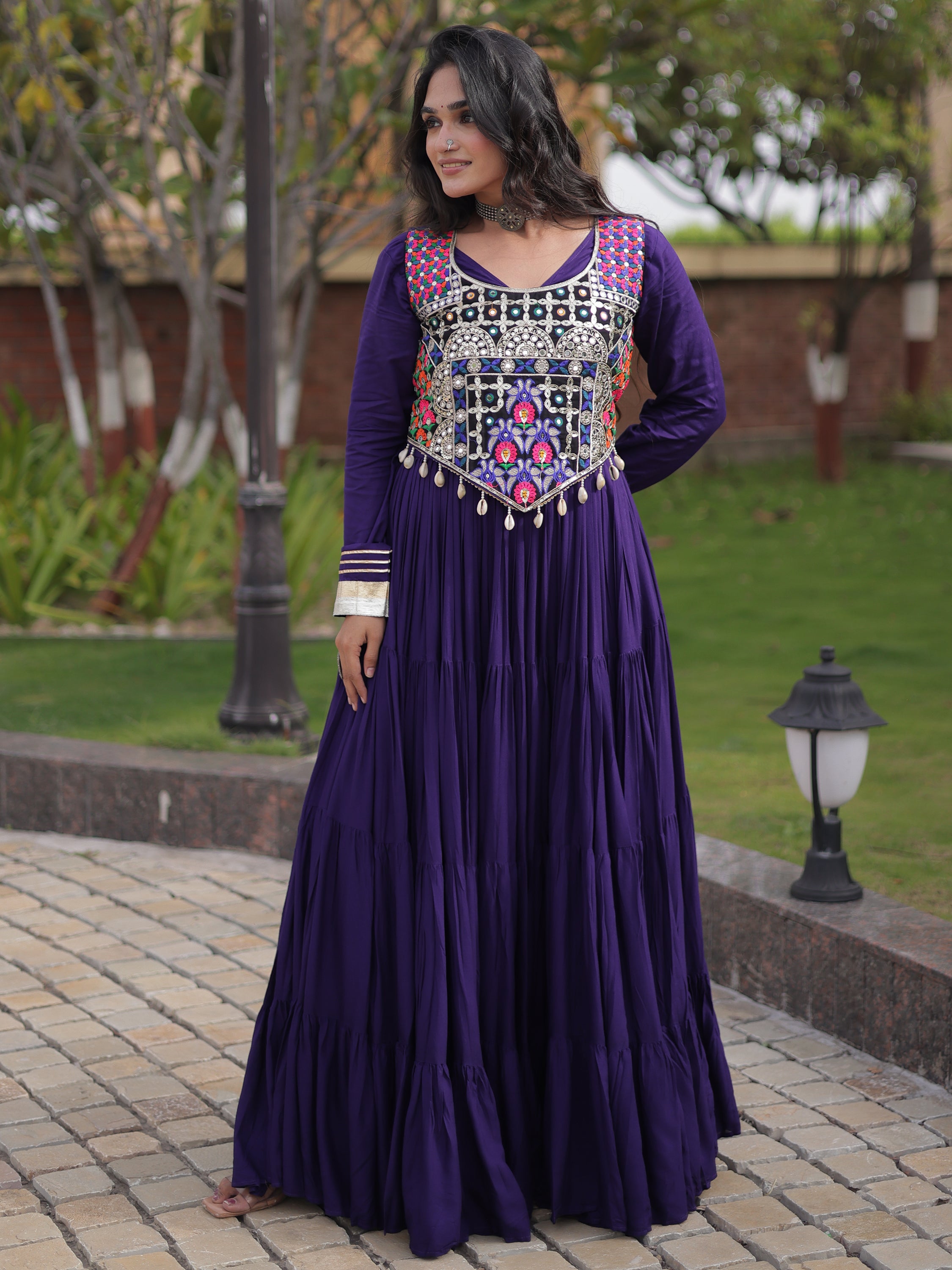 Alluring Purple Gota Laced Rayon Navratri Special Gown With Blouse