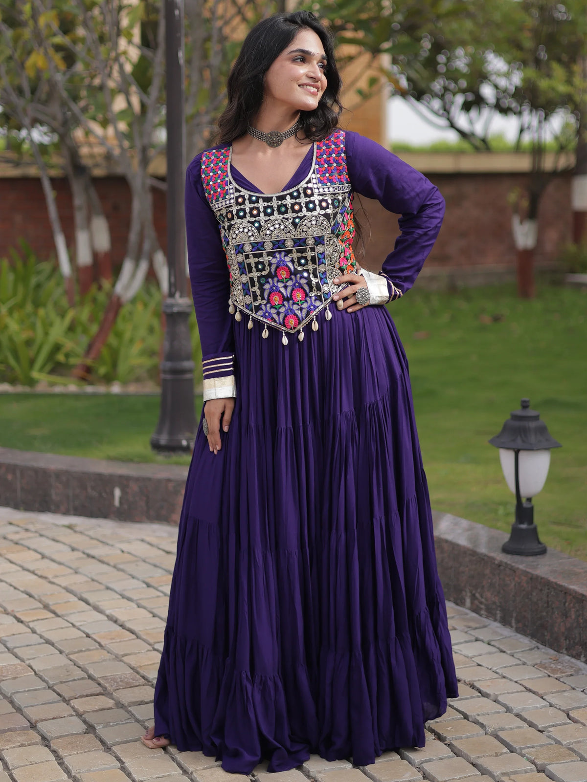 Alluring Purple Gota Laced Rayon Navratri Special Gown With Blouse