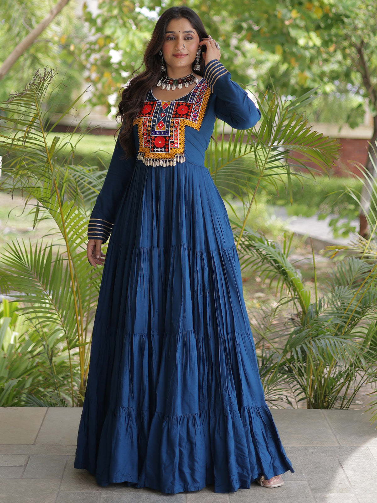 Amazing Rama Blue Gamthi Work Rayon Navratri Special Gown