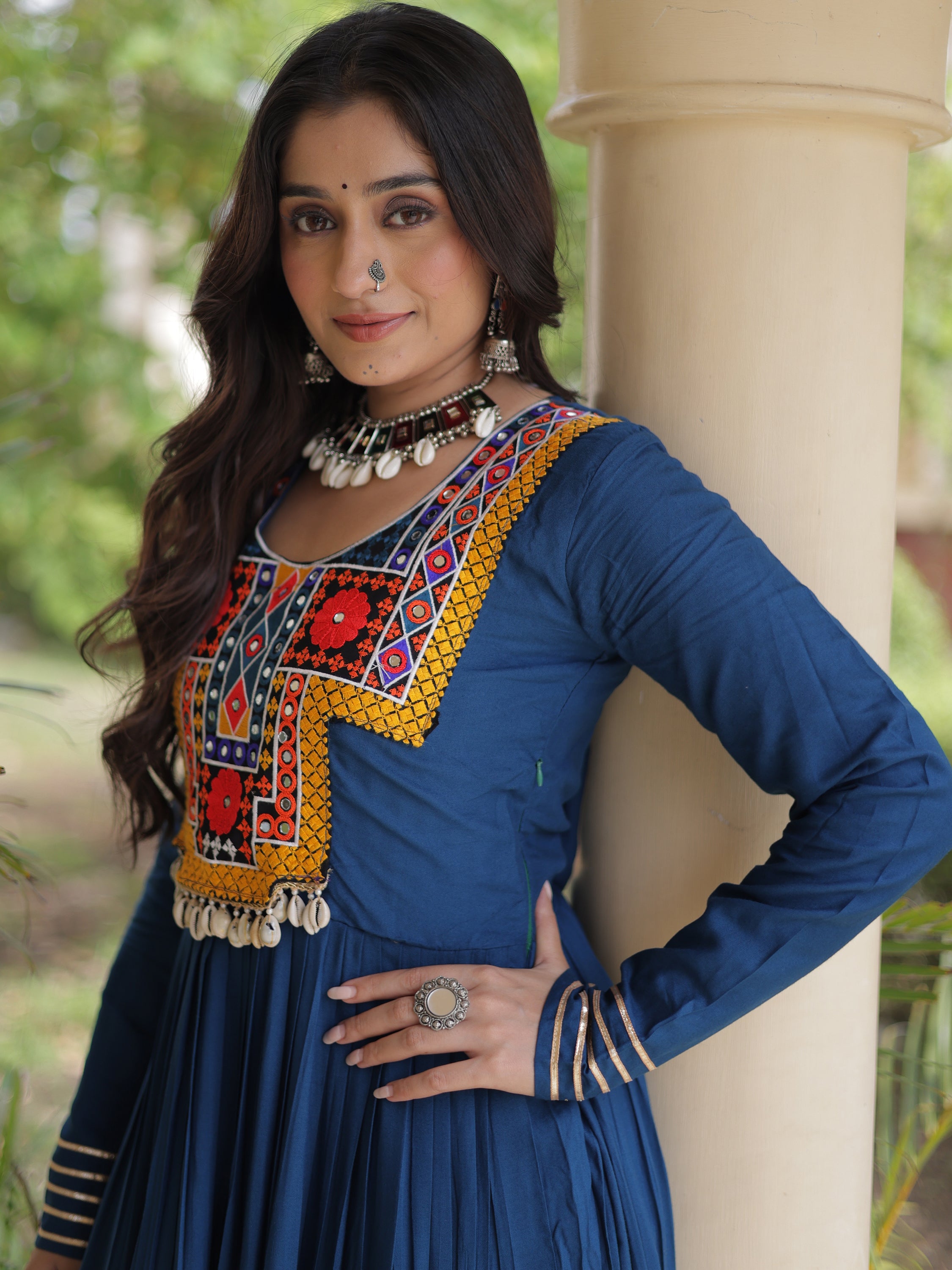 Amazing Rama Blue Gamthi Work Rayon Navratri Special Gown