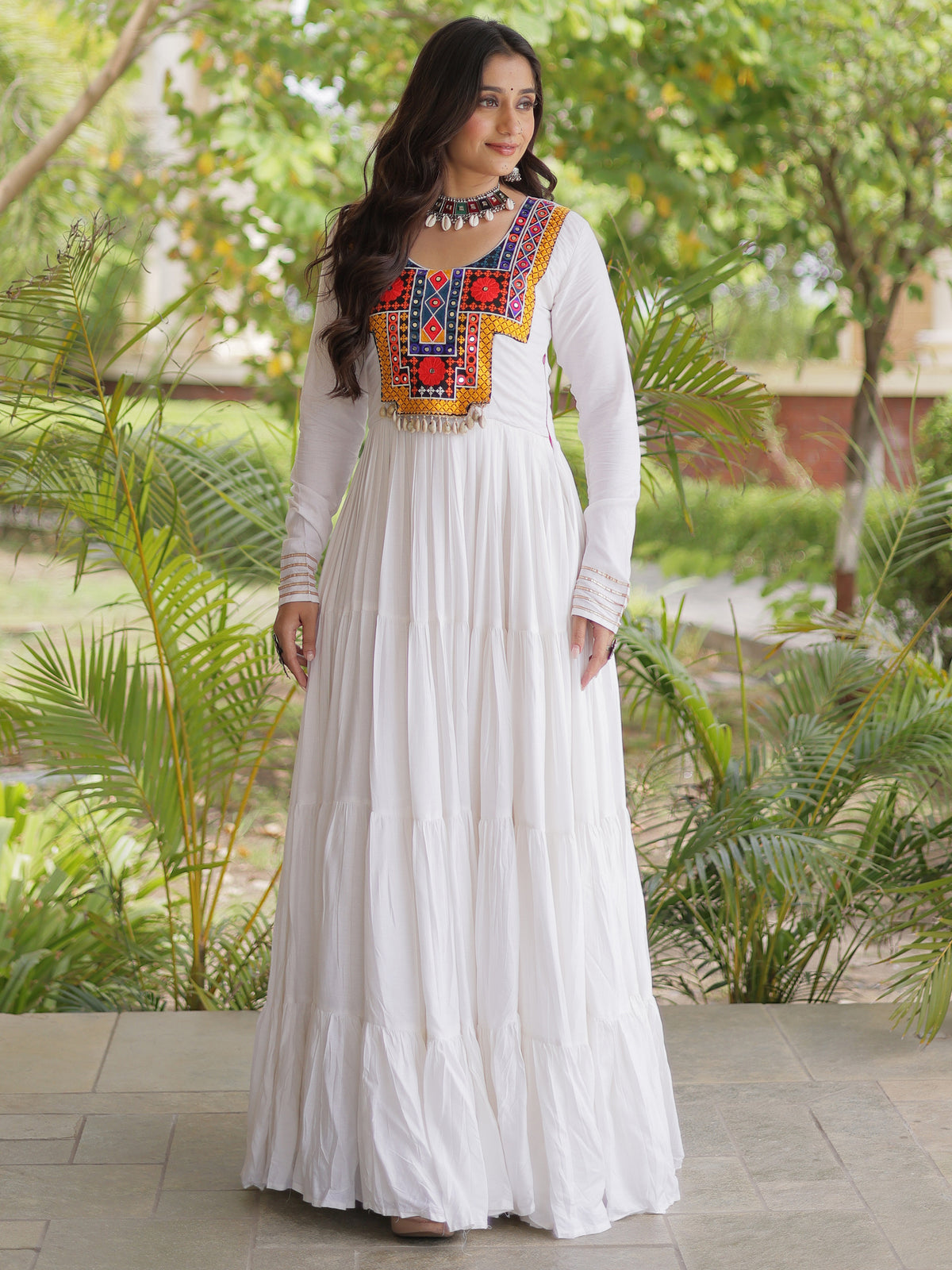 Elegant White Kutchi Embroidered Rayon Navratri Wear Gown