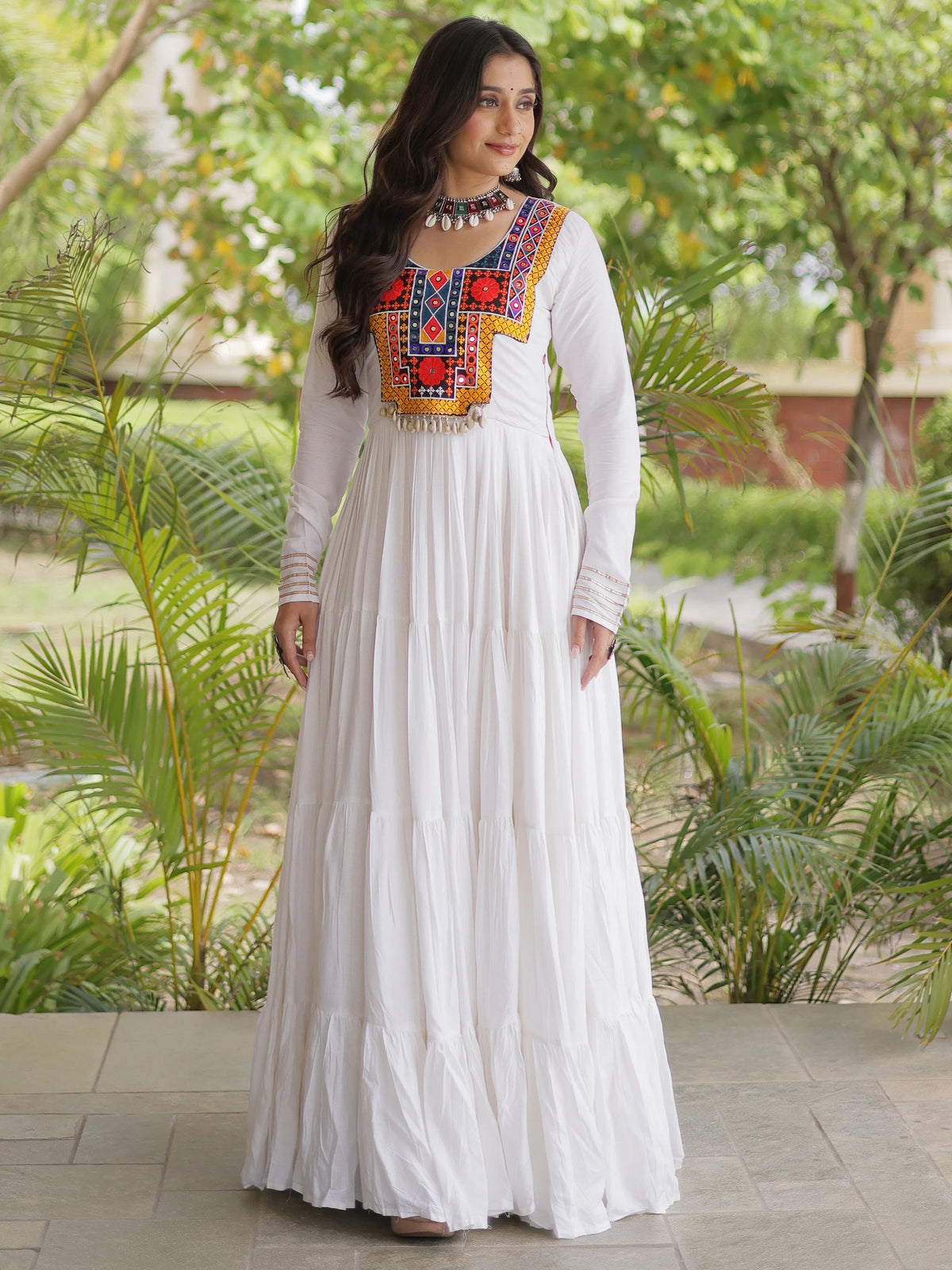 Elegant White Kutchi Embroidered Rayon Navratri Wear Gown