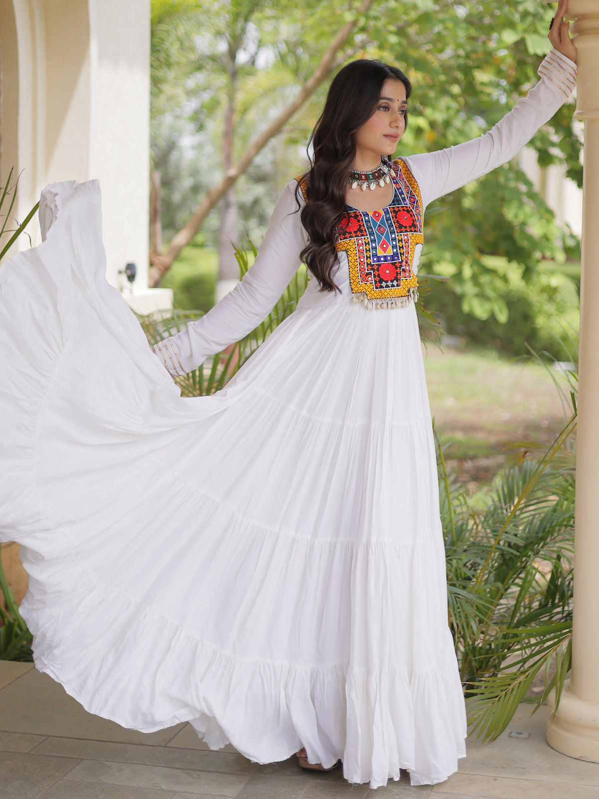 Elegant White Kutchi Embroidered Rayon Navratri Wear Gown