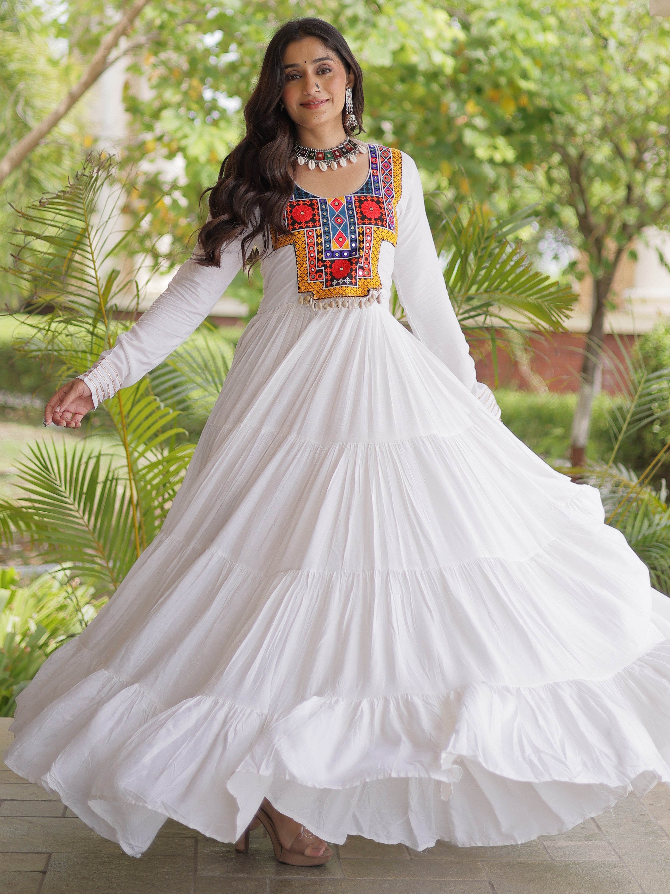 Elegant White Kutchi Embroidered Rayon Navratri Wear Gown