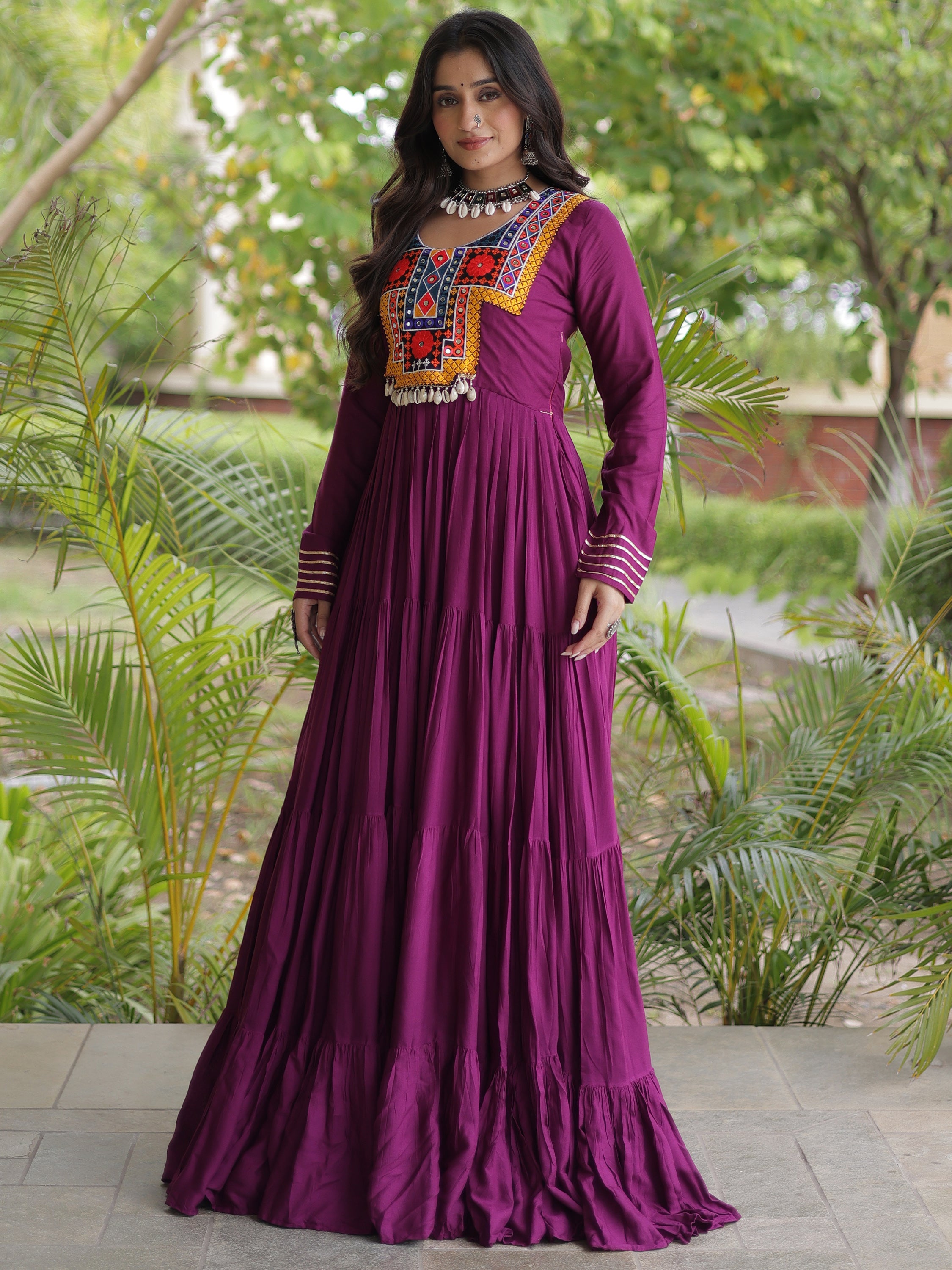 Beautiful Wine Gamthi Work Rayon Navratri Special Gown