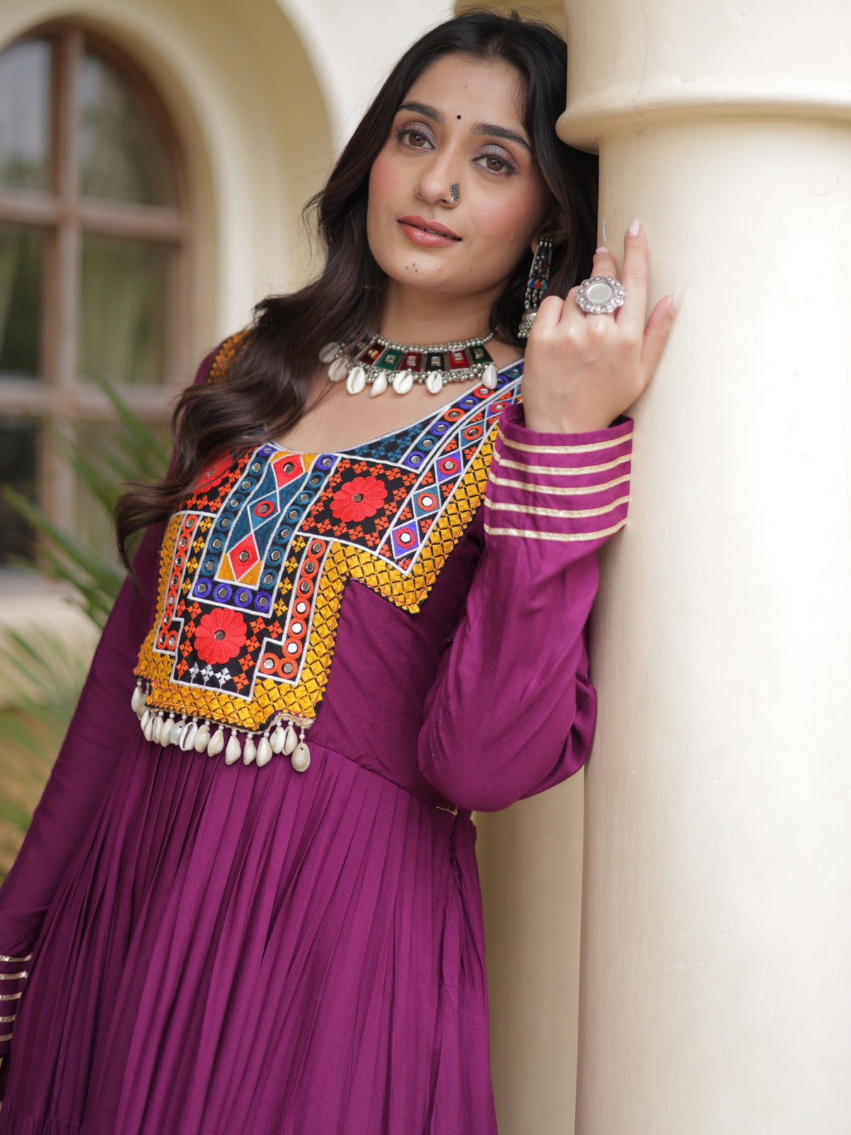 Beautiful Wine Gamthi Work Rayon Navratri Special Gown