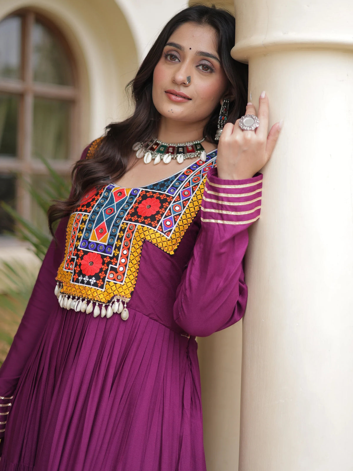 Beautiful Wine Gamthi Work Rayon Navratri Special Gown