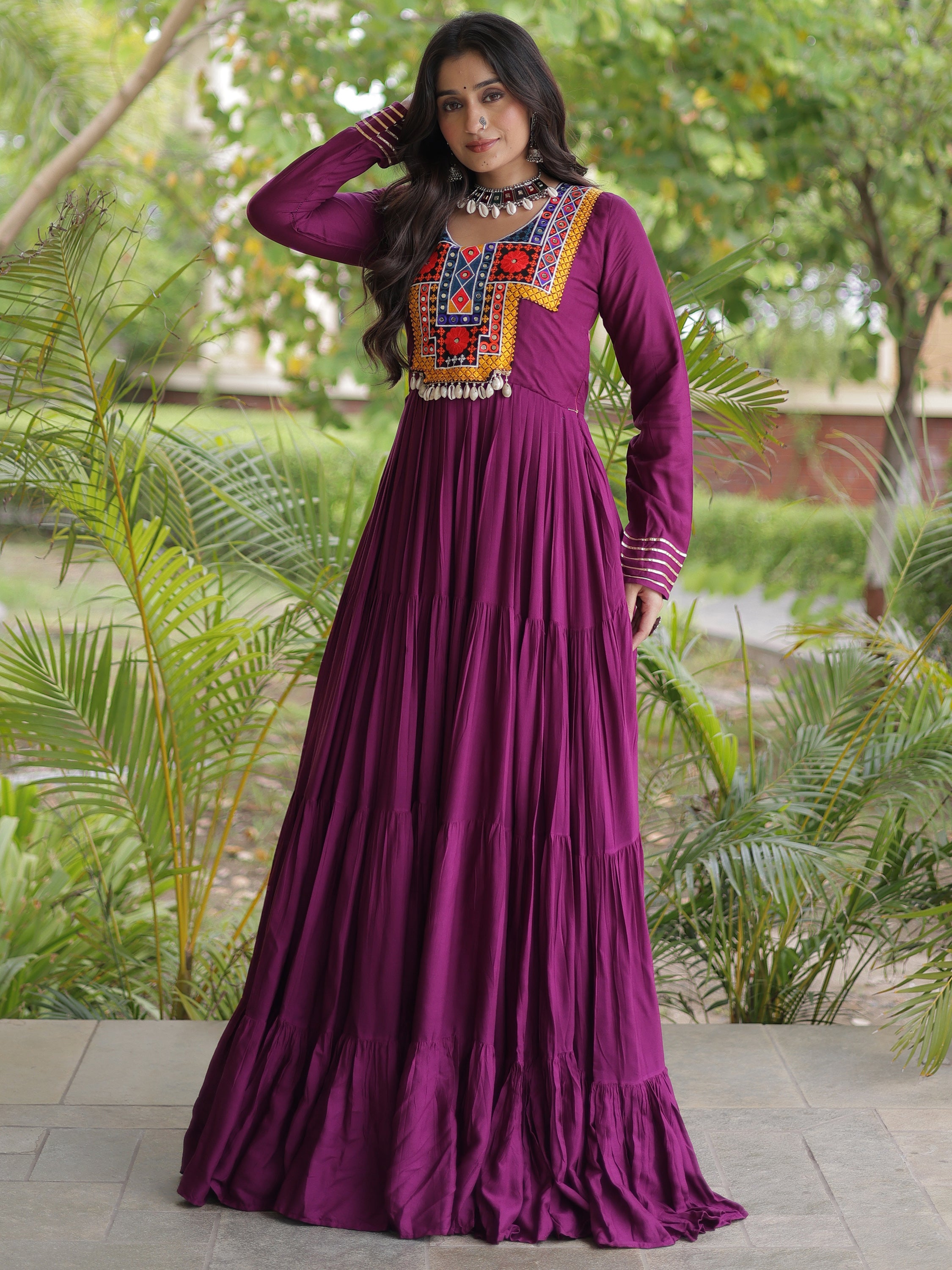 Beautiful Wine Gamthi Work Rayon Navratri Special Gown