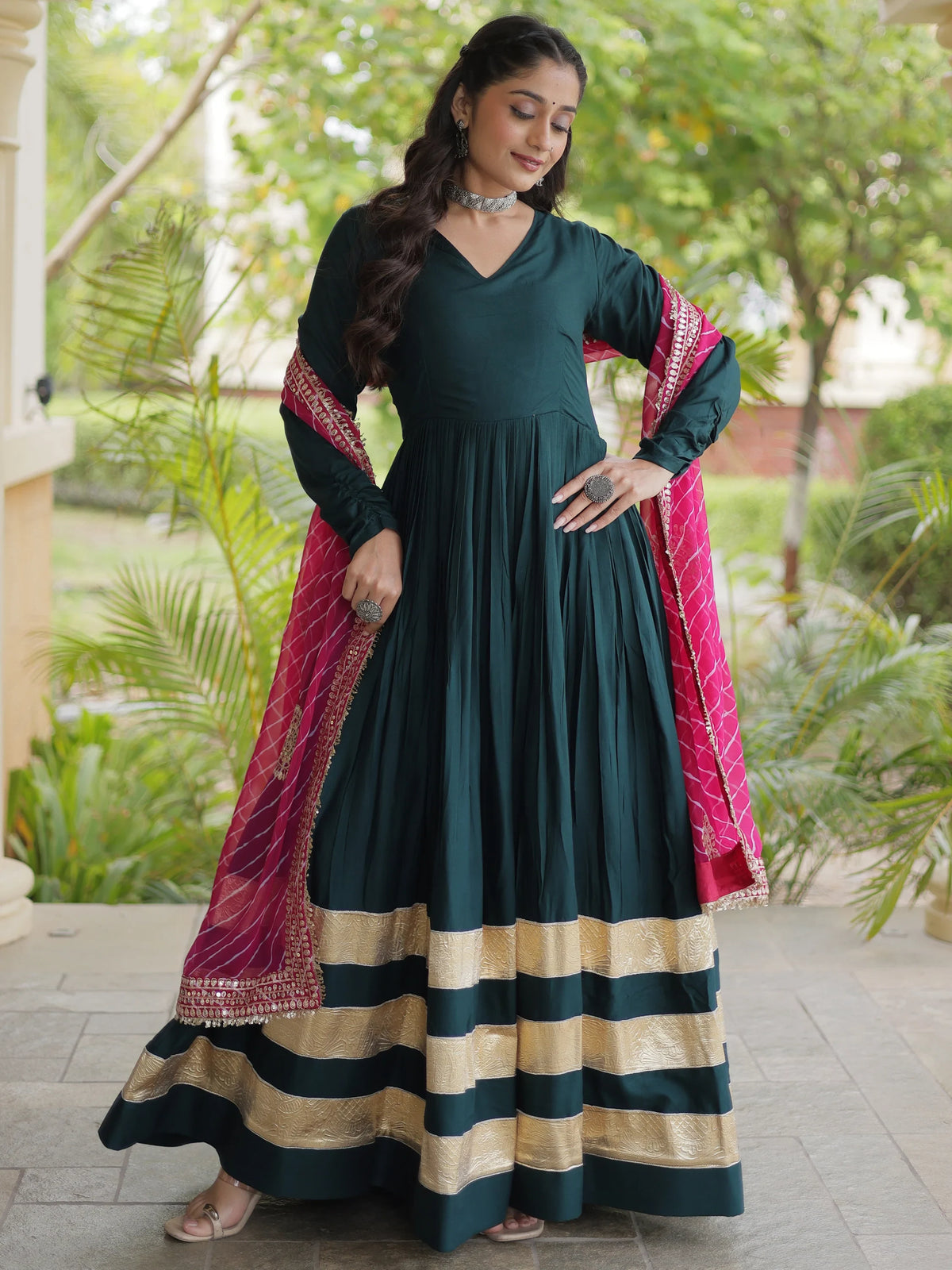 Glorious Teal Green Rayon Mehendi Wear Gown With Leheriya Printed Dupatta