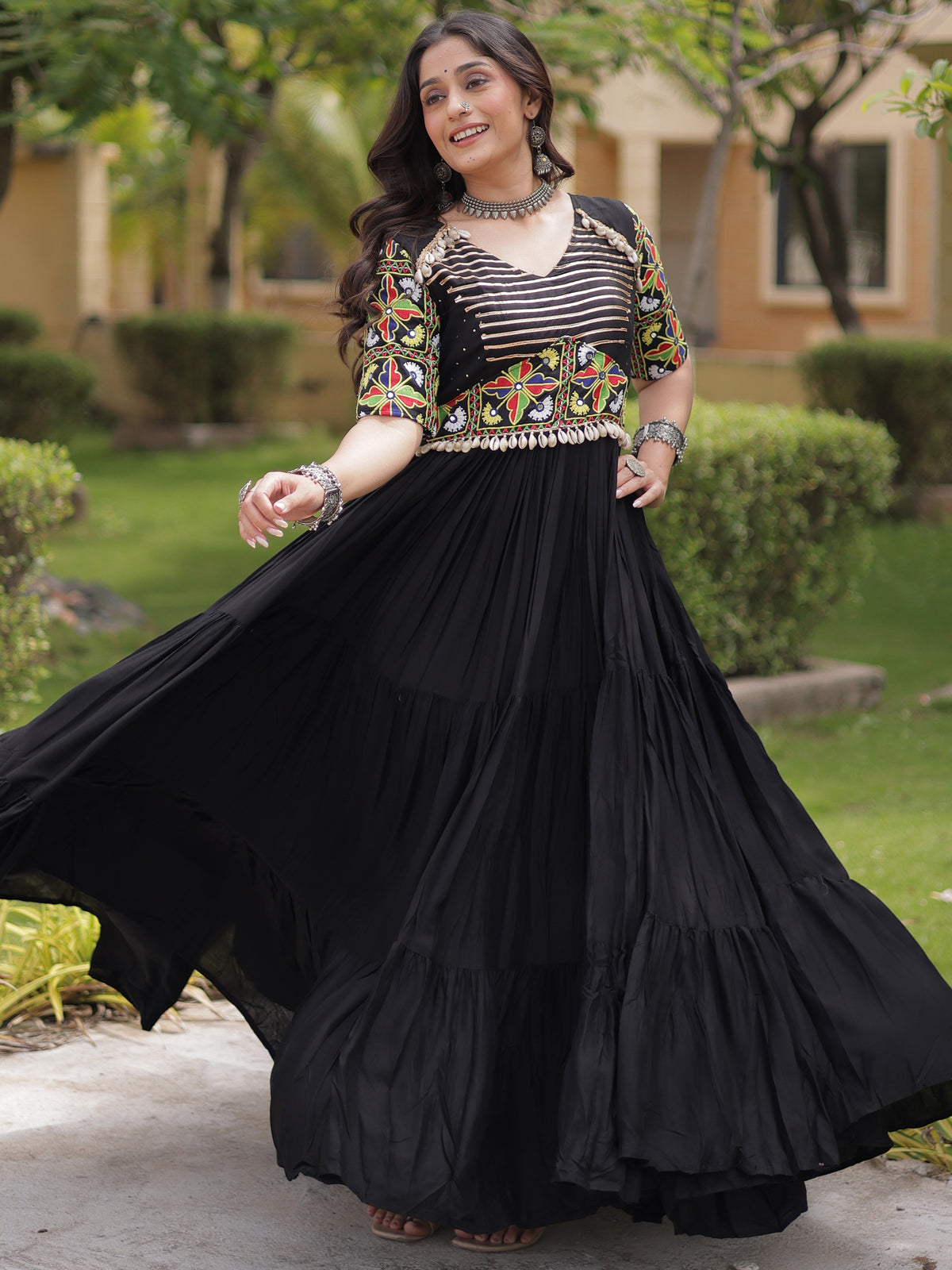 Striking Black Gamthi Embroidery Rayon Navratri Special Gown