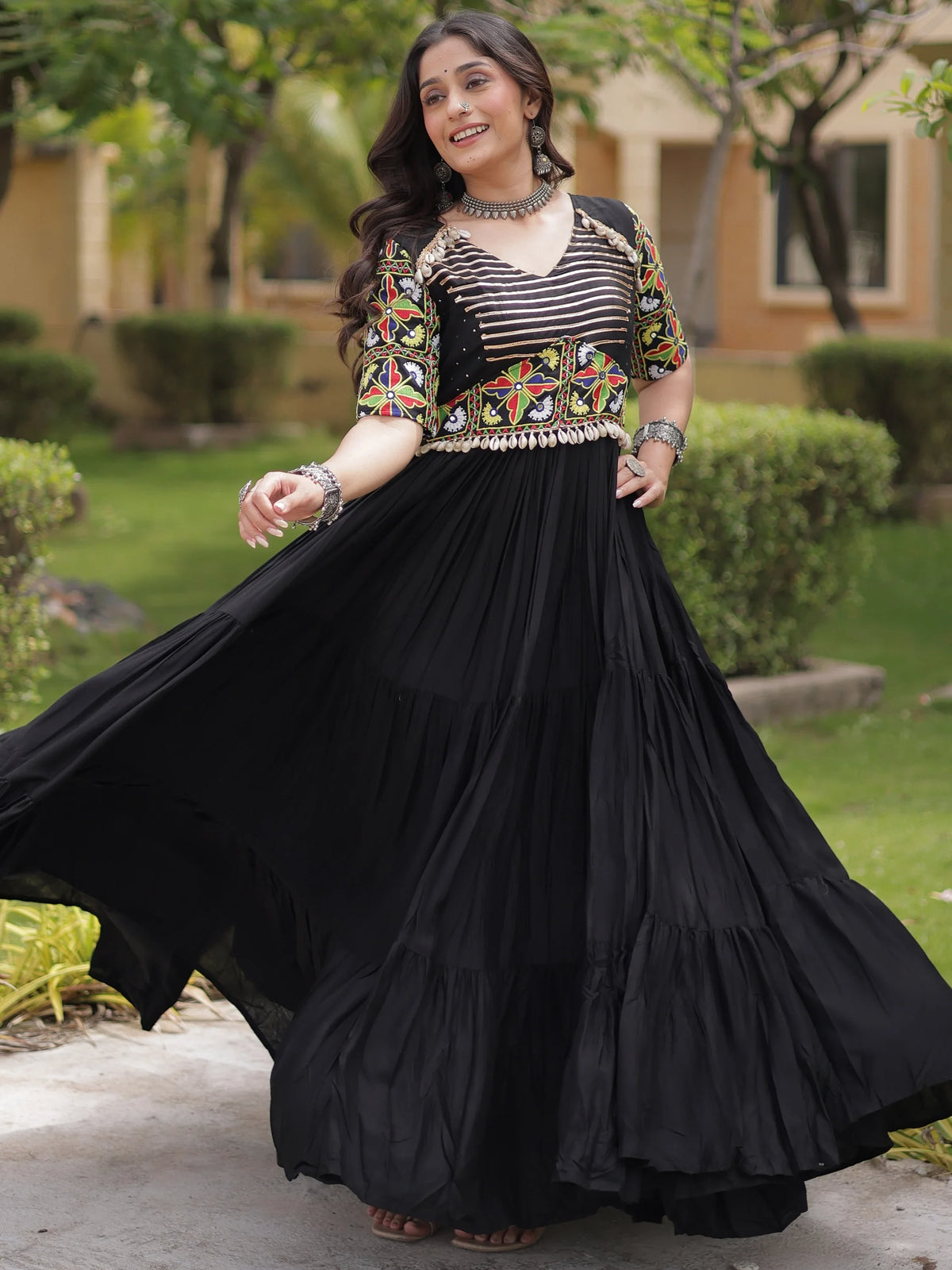 Striking Black Gamthi Embroidery Rayon Navratri Special Gown