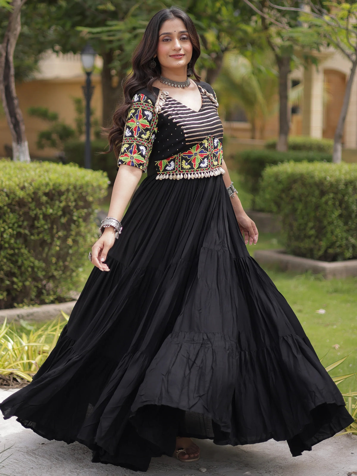 Striking Black Gamthi Embroidery Rayon Navratri Special Gown