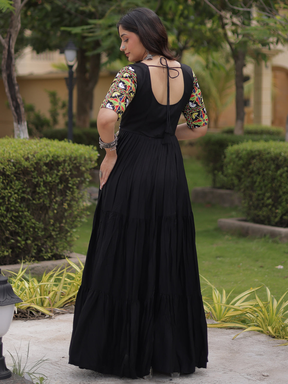 Striking Black Gamthi Embroidery Rayon Navratri Special Gown