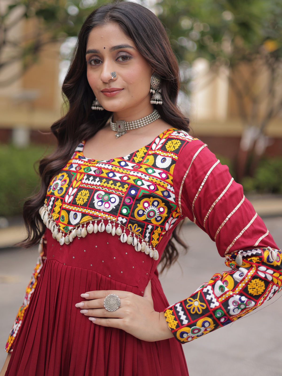 Phenomenal Maroon Rayon Gota Laced Navratri Special Gown