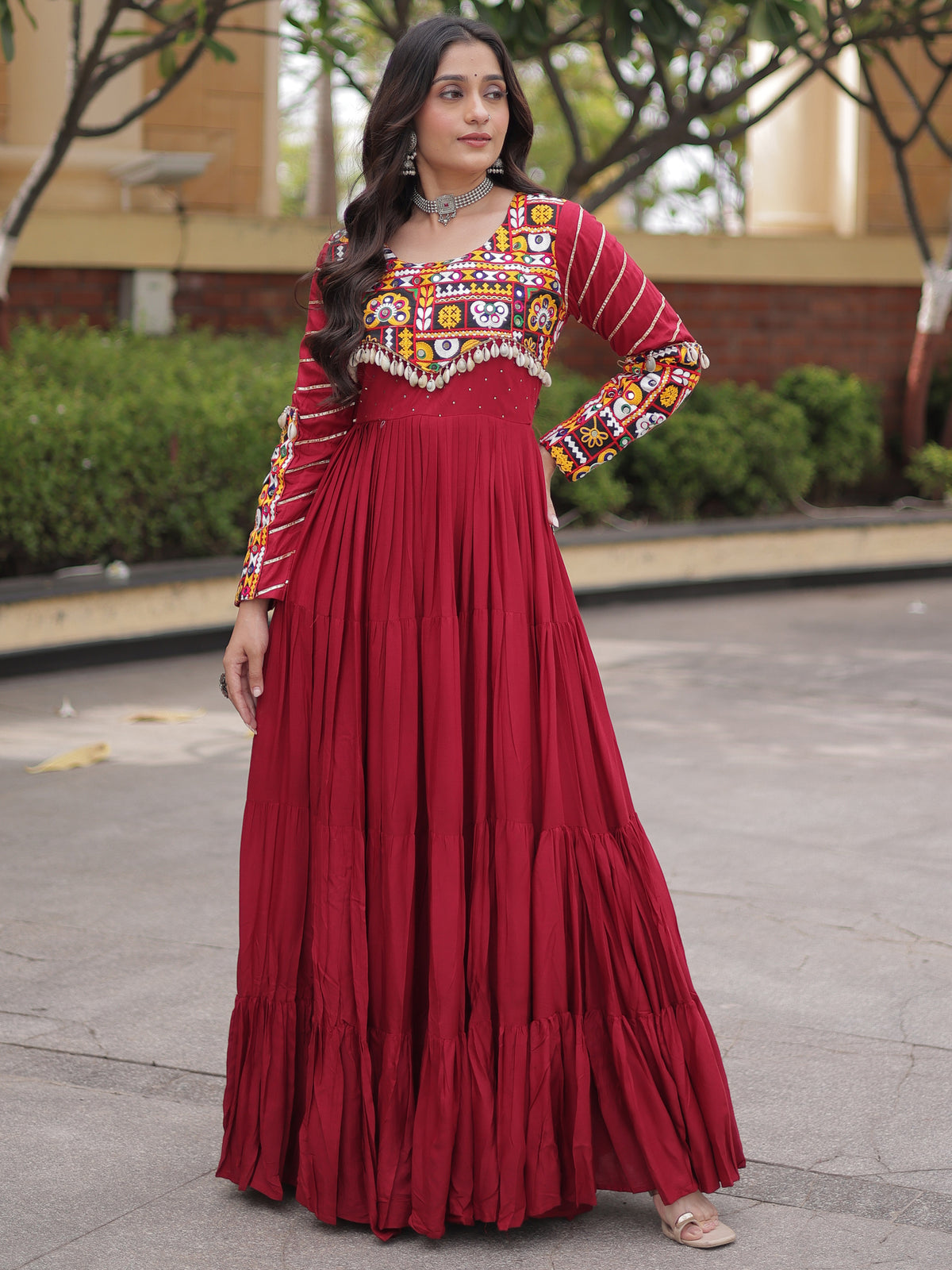 Phenomenal Maroon Rayon Gota Laced Navratri Special Gown