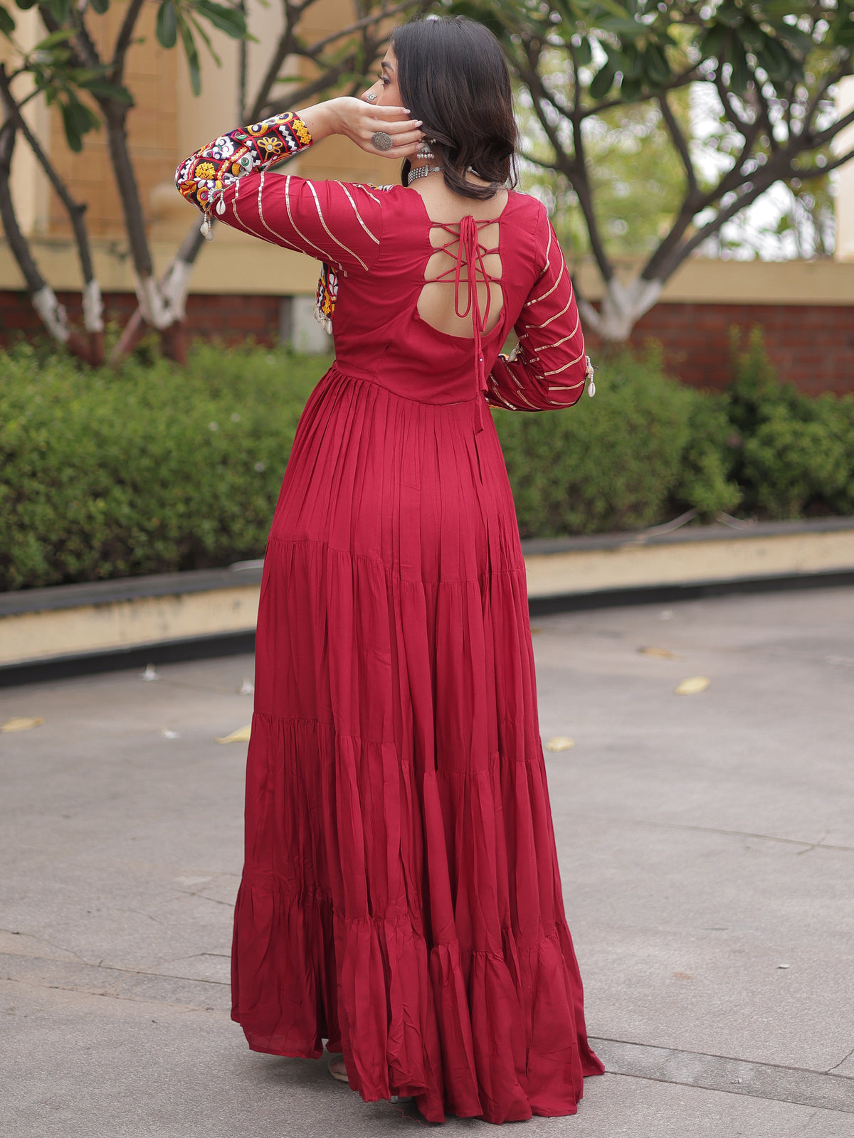 Phenomenal Maroon Rayon Gota Laced Navratri Special Gown