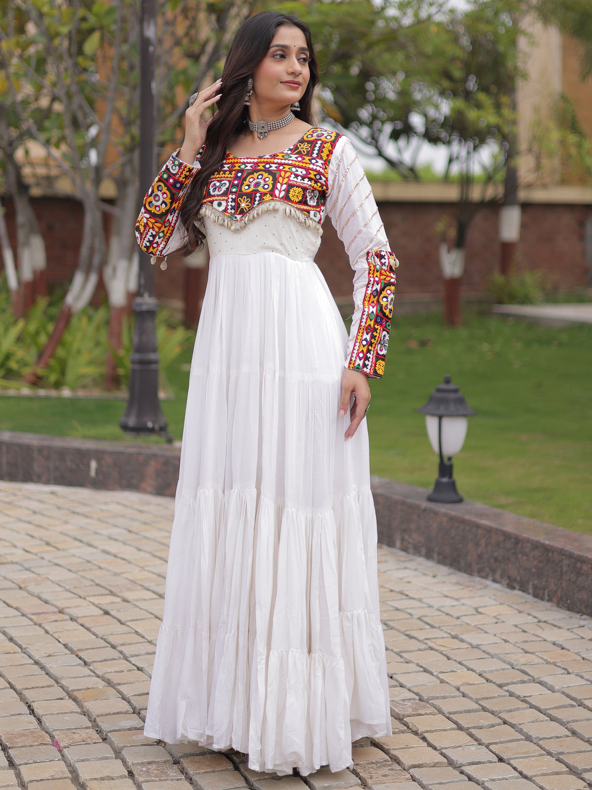 Gorgeous White Rayon Gamthi Embroidered Navratri Wear Gown