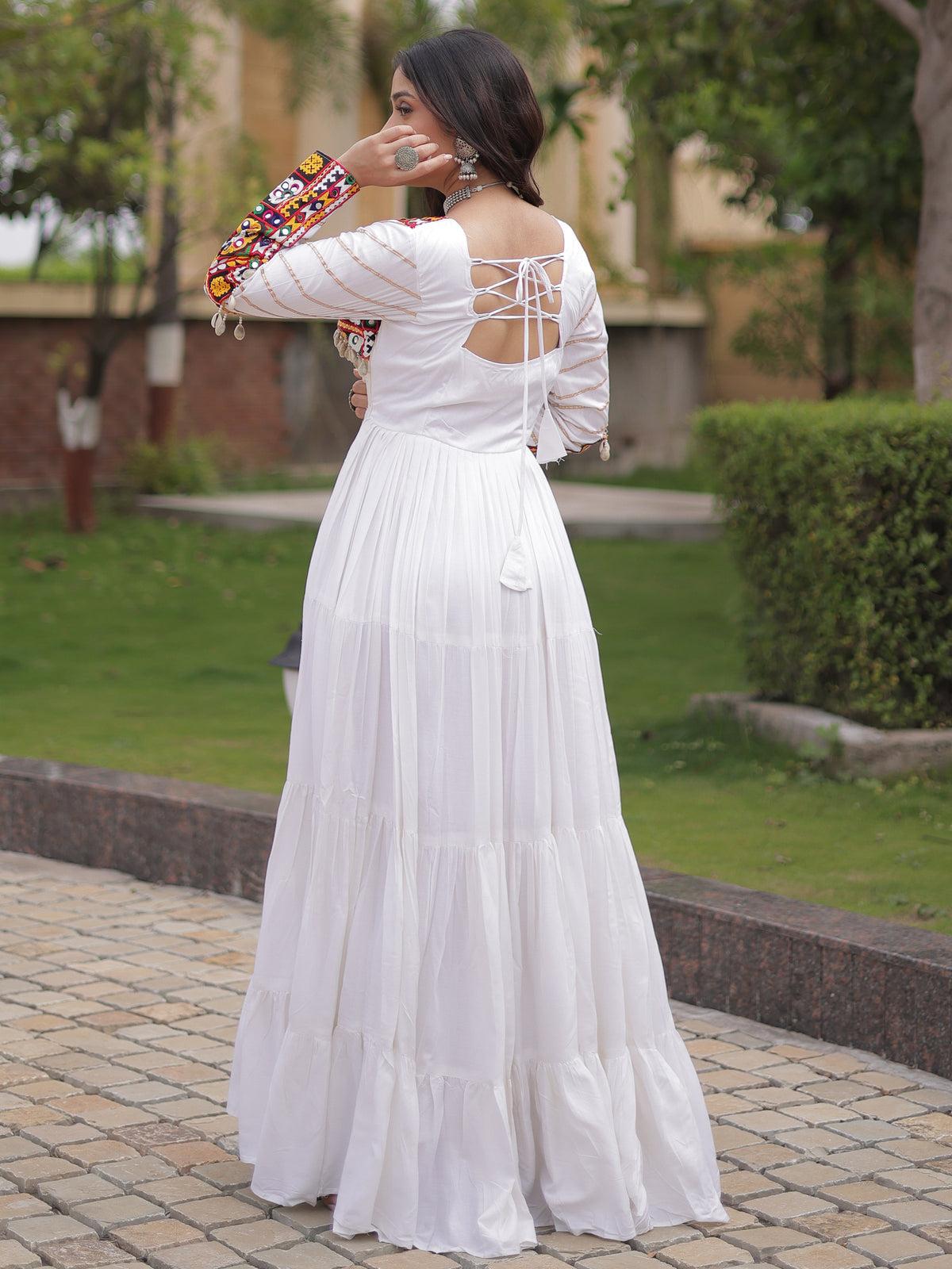 Gorgeous White Rayon Gamthi Embroidered Navratri Wear Gown