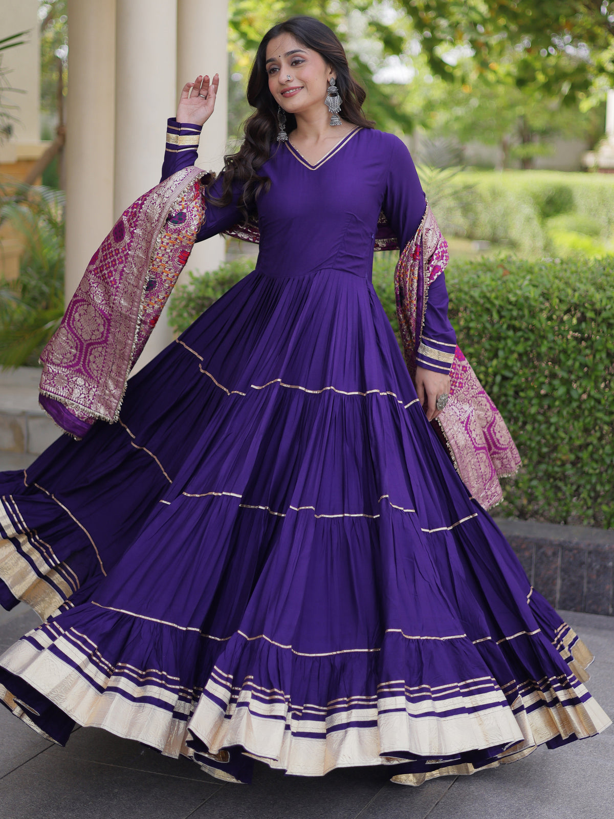 Stylish Purple Rayon Gota Laced Event Wear Gown With Dupatta