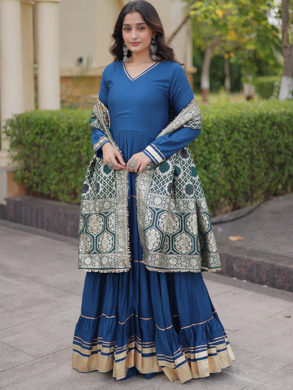 Stylish Teal Blue Rayon Gota Laced Festive Wear Gown With Dupatta