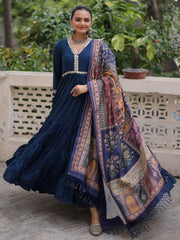 Wonderful Blue Lace Work Rayon Festival Wear Gown With Dupatta