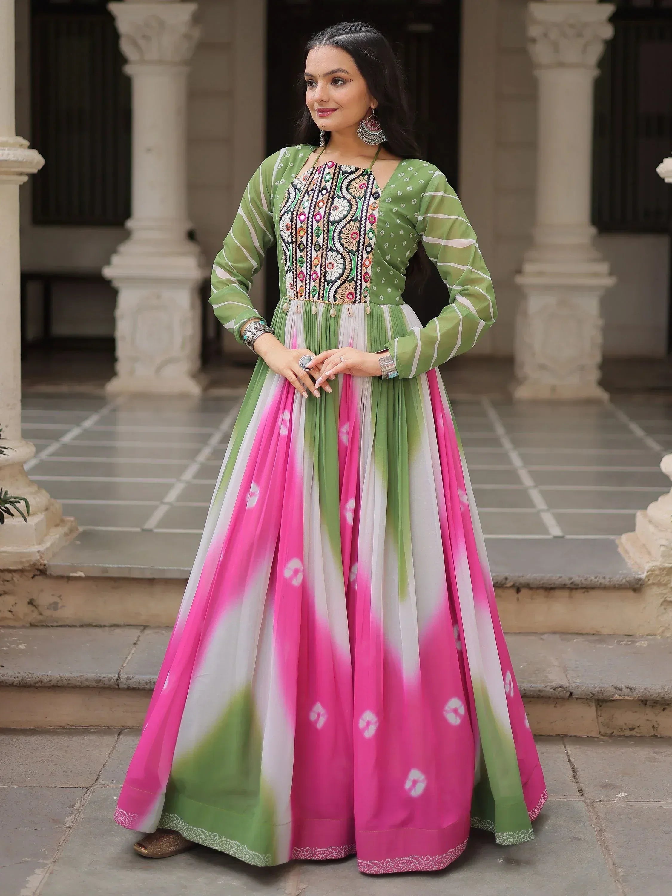 Green and pink embroidered ethnic gown with tie-dye skirt, perfect for Indian occasions