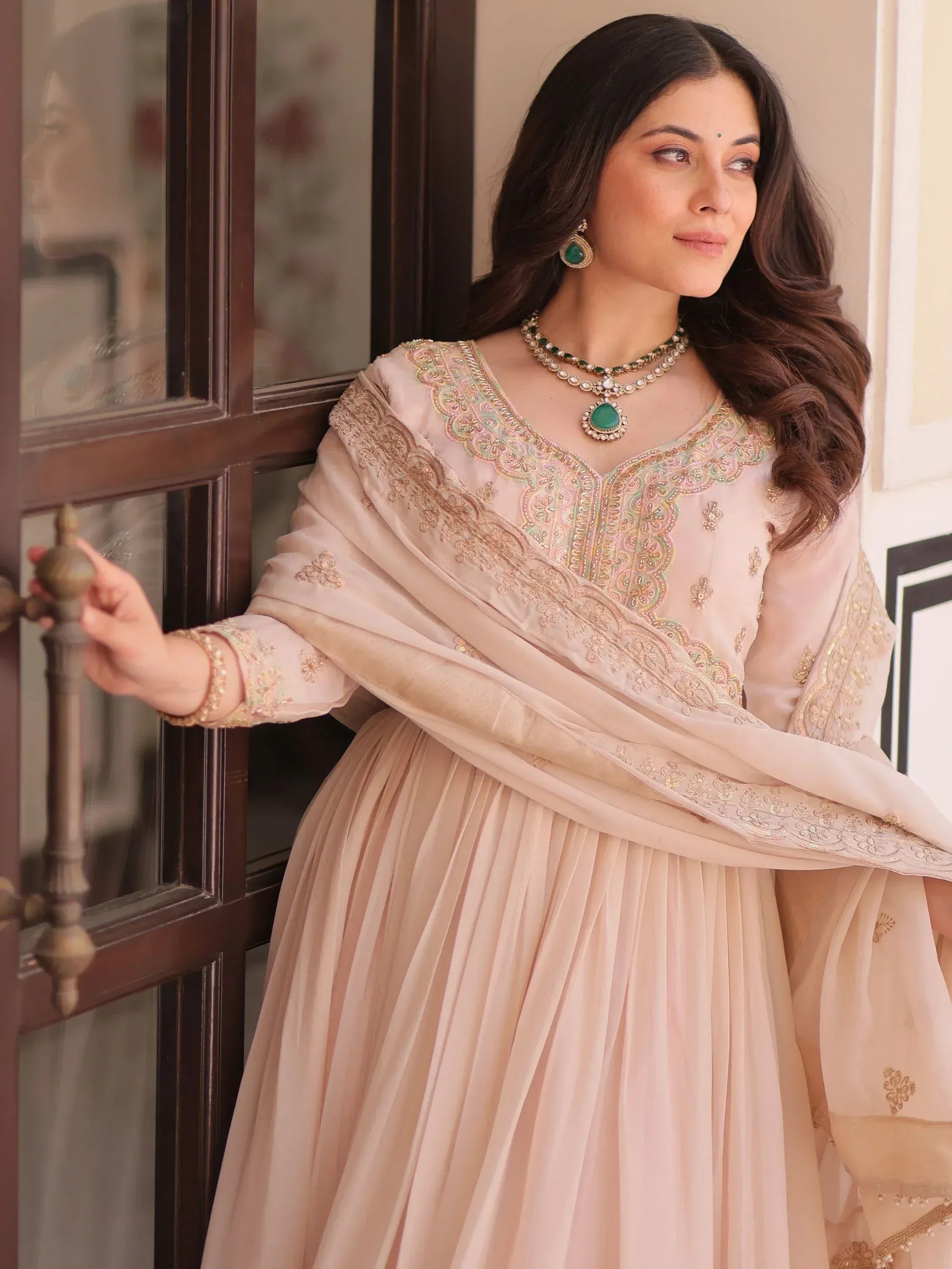 Stylish Peach Thread Work Georgette Festival Wear Gown With Dupatta