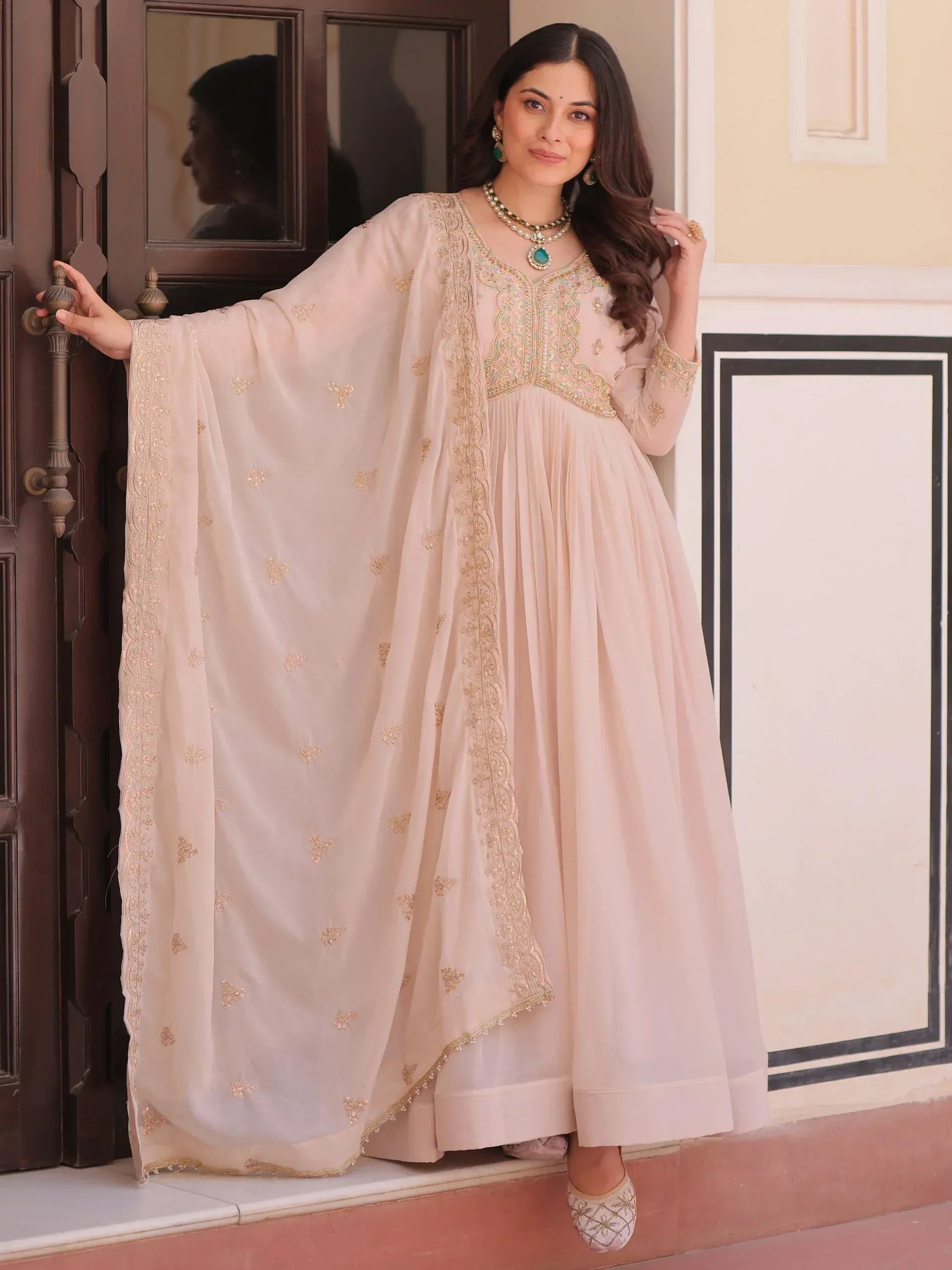 Stylish Peach Thread Work Georgette Festival Wear Gown With Dupatta