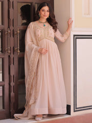 Stylish Peach Thread Work Georgette Festival Wear Gown With Dupatta